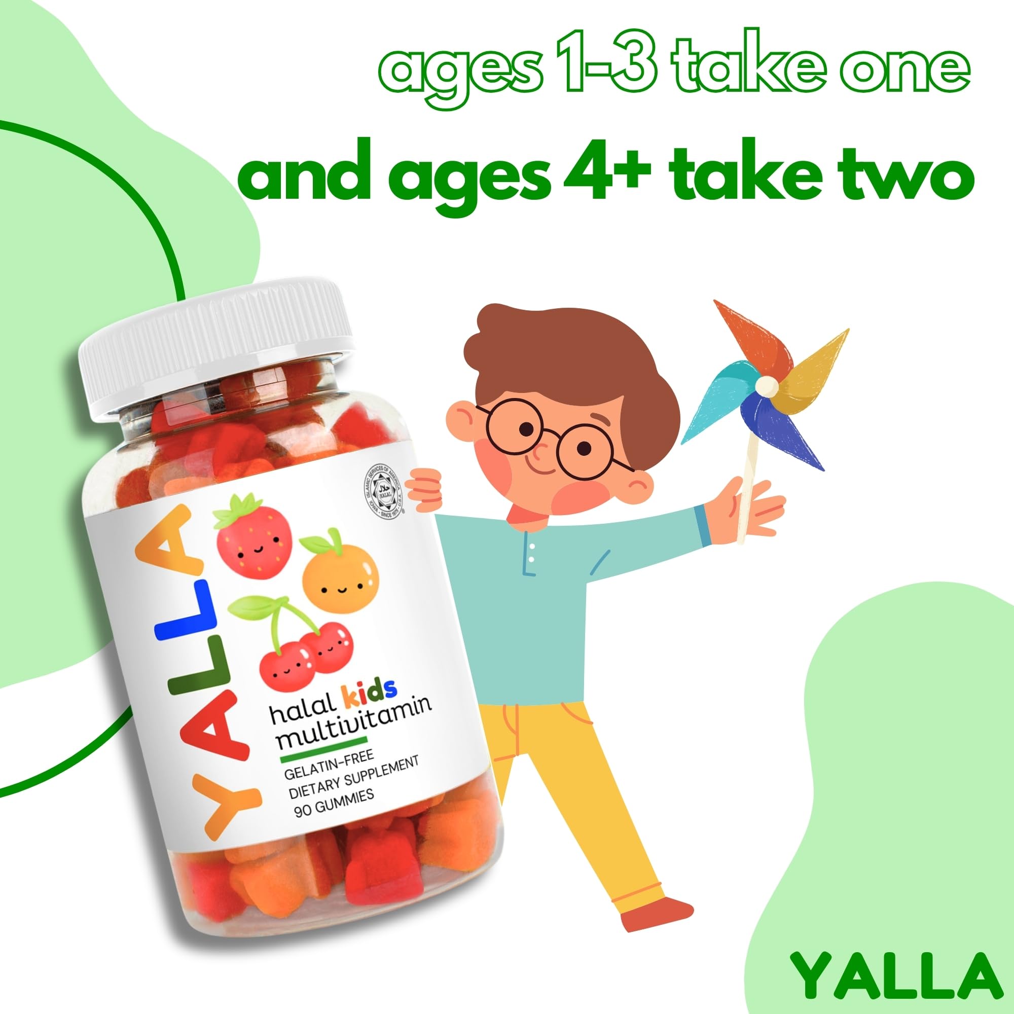YALLA Halal Vitamins for Kids, Halal Kids Multivitamin Gummies, 45-90 Day Supply, Essential Vitamins with C, D3, Zinc for Immunity, B6 B12 for Energy, ISA Certified, Gelatin Free