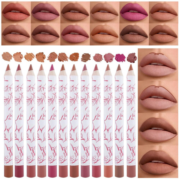 SUAKE 12 Pcs Natural Nude Brown Beige Colors Lip Liner Lipstick Pencils Set for Daily Makeup,Easy to Apply & Remove,Waterproof