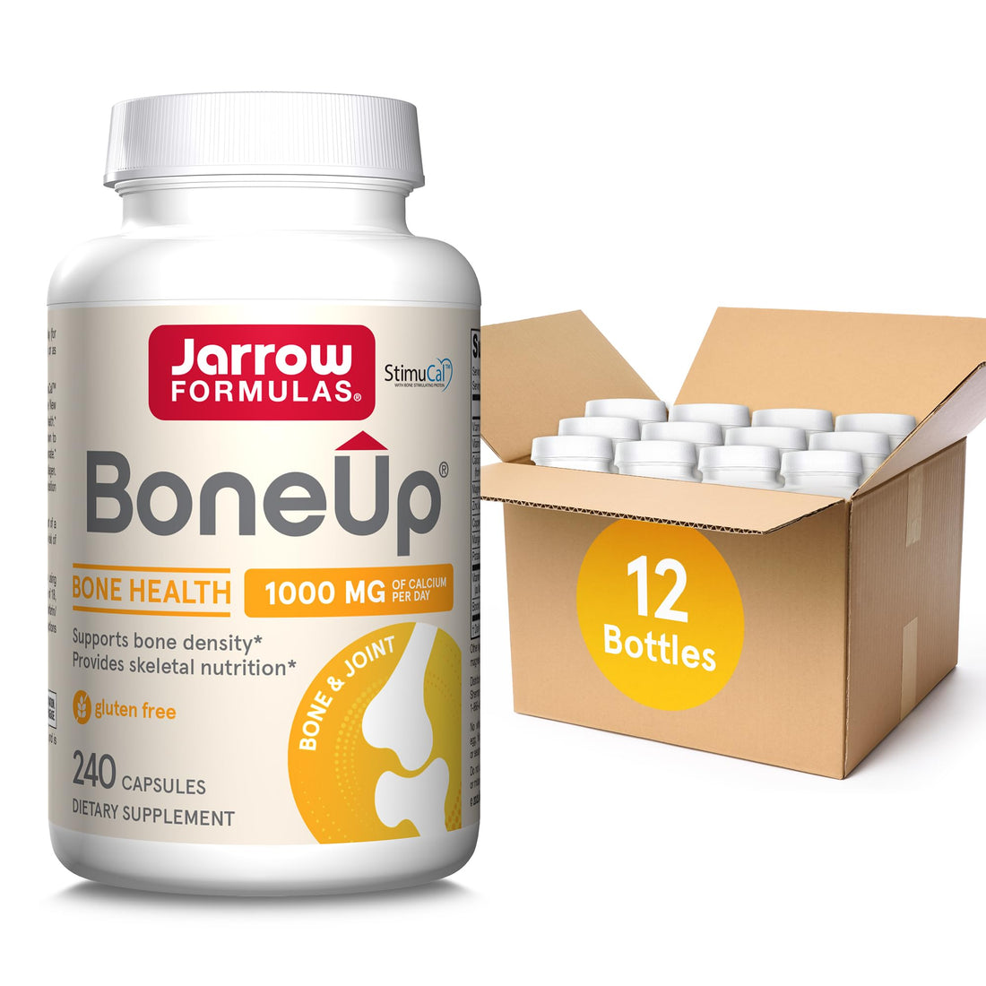 Jarrow Formulas BoneUp- 240 Capsules - 120 Servings - for Bone Support & Skeletal Nutrition - Includes Naturally Derived Vitamin D3, K2 (as MK-7) & 1000 mg Calcium - Gluten Free - Non-GMO, Pack of 12