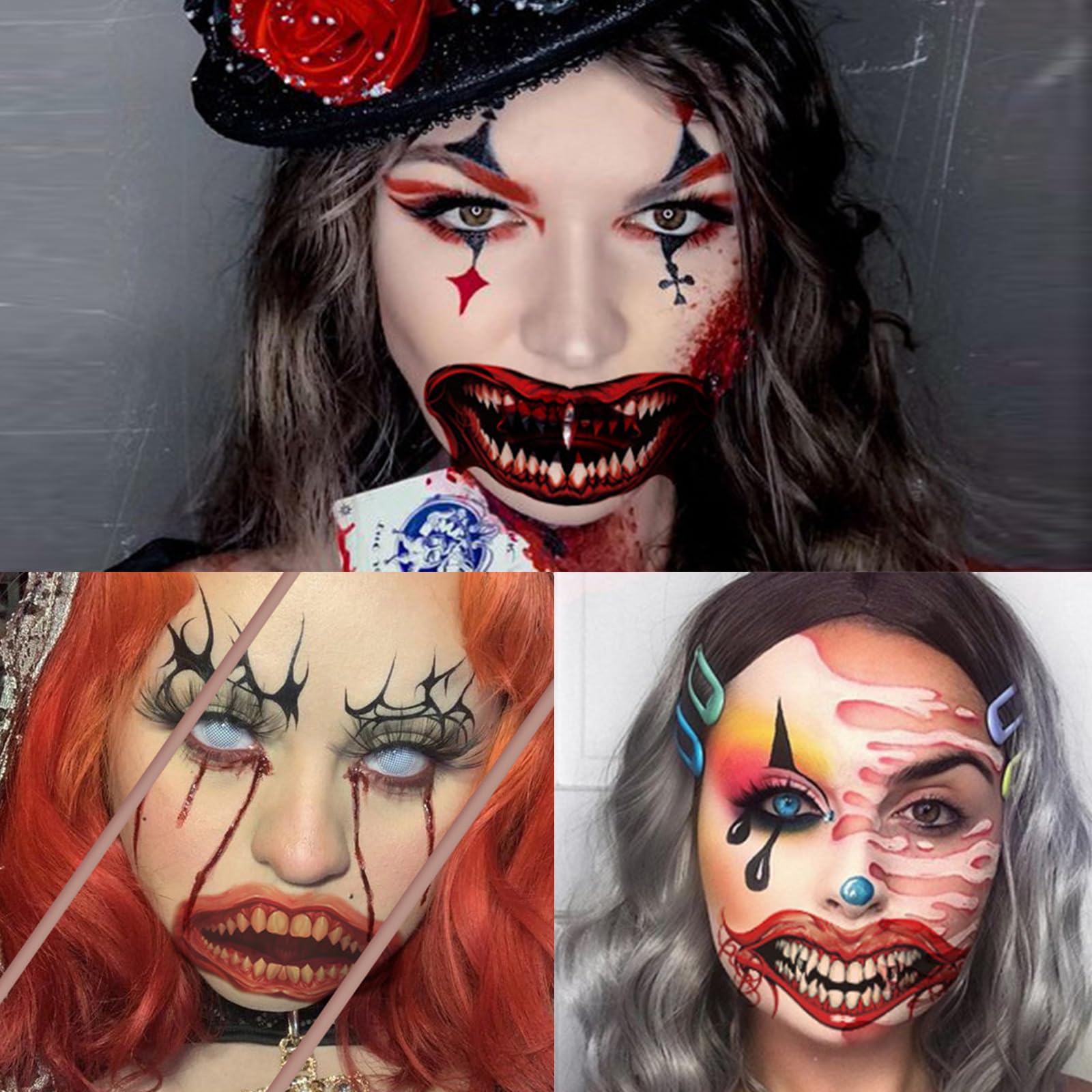 Halloween Temporary Horror Scary Mouth Face Tattoo Stickers Props for Women Adults Men Cosplay Party Masquerade Accessories Kit