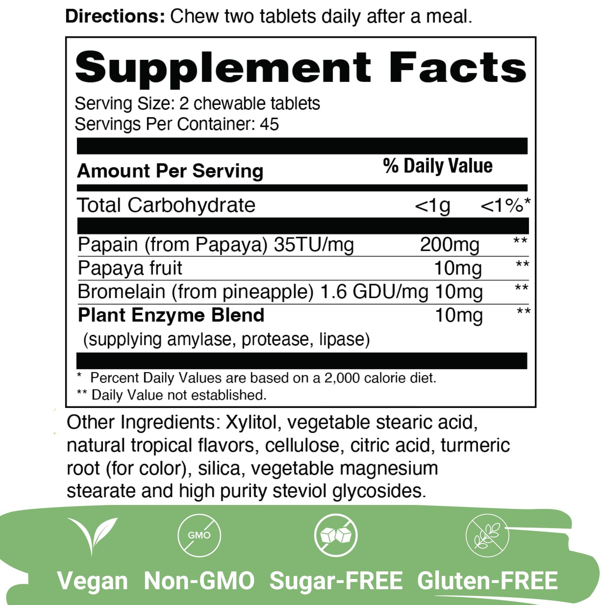 Yuve Natural Papaya Digestive Enzymes - Sugar-Free Chewable Candies - Promotes Better Digestion - Constipation & Bloating Aid, Detox, Leaky Gut Repair & Gas Relief - Vegan, Non-GMO, Gluten-Free - 90ct