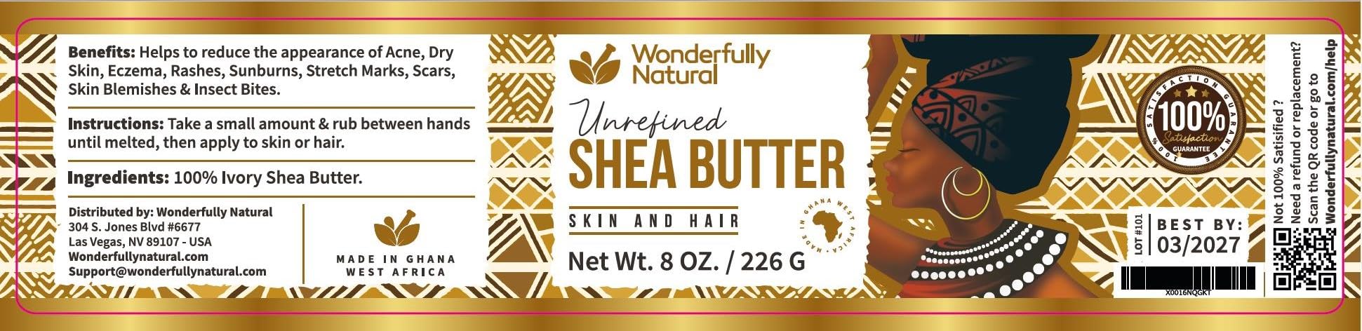 Wonderfully Natural Unrefined Shea Butter - African Organic Ivory & Raw – 8 OZ