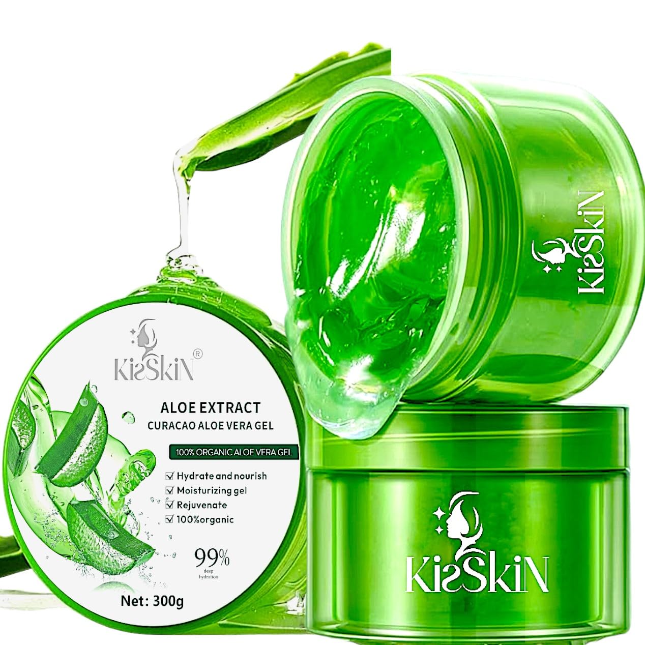 kisskin Organic Aloe Vera Gel, 100% Pure Soothing Moisturizer And Hydrating Gel, Fast Absorbing, Unscented,For Face, Body, Hair And Skin, No Alcohol And Unscented 10.5oz