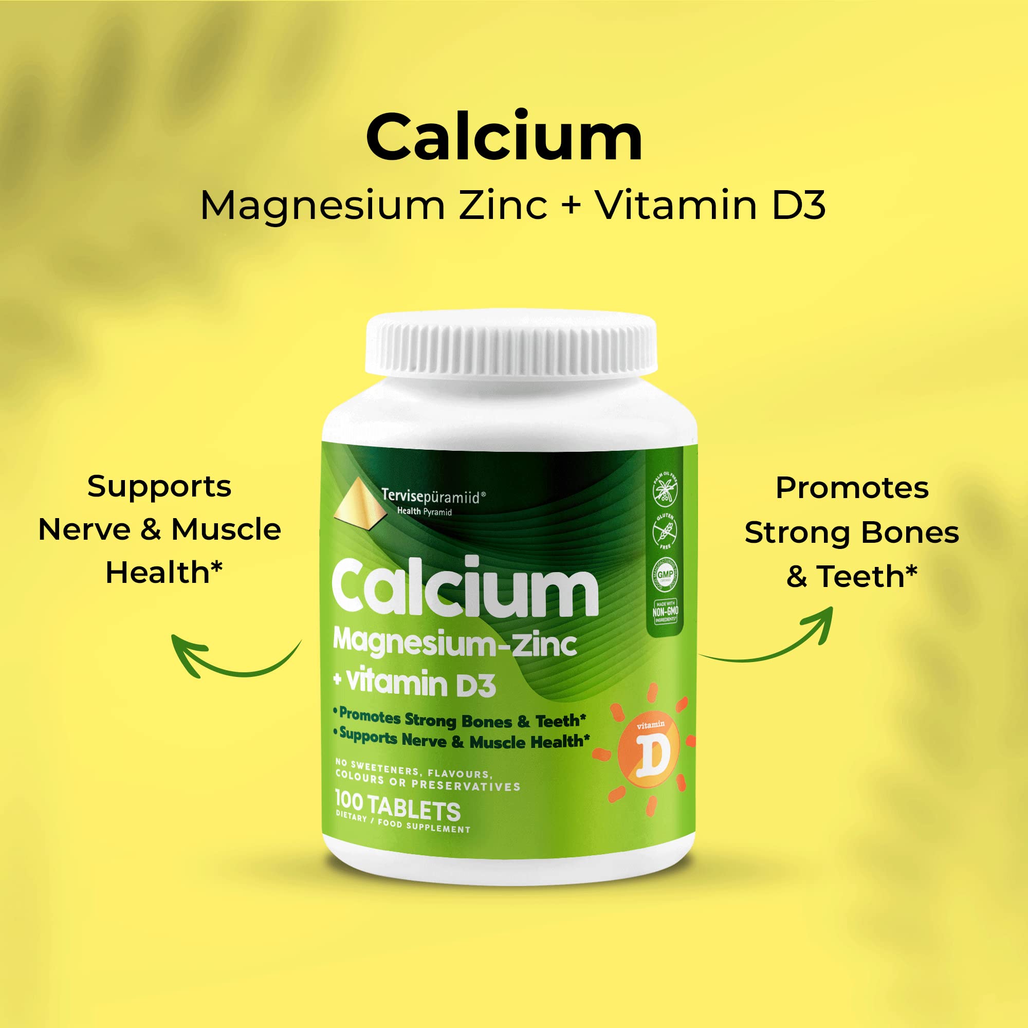 Health Pyramid Calcium Magnesium Zinc with Vitamin D3 Supplement for Strong Bones and Teeth Cal Mag Zinc Supports Nerve and Muscle Health 100 Vegan Tablets