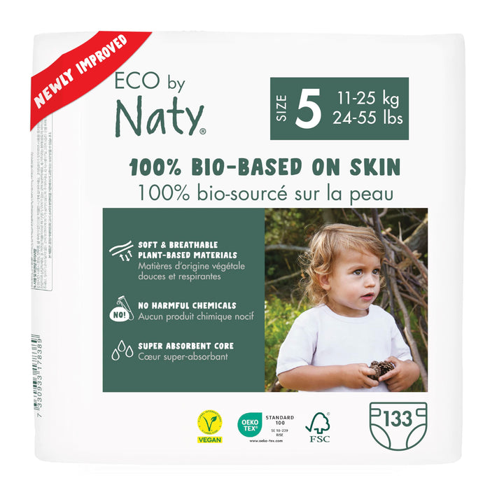 Eco by Naty Premium Disposable Baby Diapers for Sensitive Skin, Size 5, 6 Pack of 22 (132 Diapers) (Chemical, dioxin, Fragrance Free)