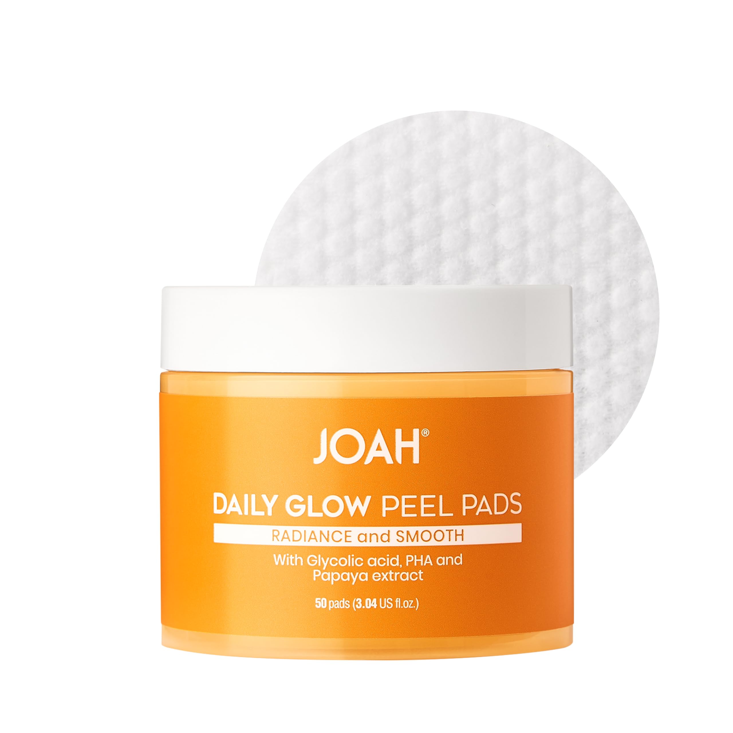 JOAH Daily Glow Exfoliating Cotton Peel Pads with Glycolic Acid, Infused with PHA & Papaya Extract, Free of Gluten, Parabens, Phthalates, SLS, & Formaldehyde, 50 Pads – 3.04 US fl. oz.