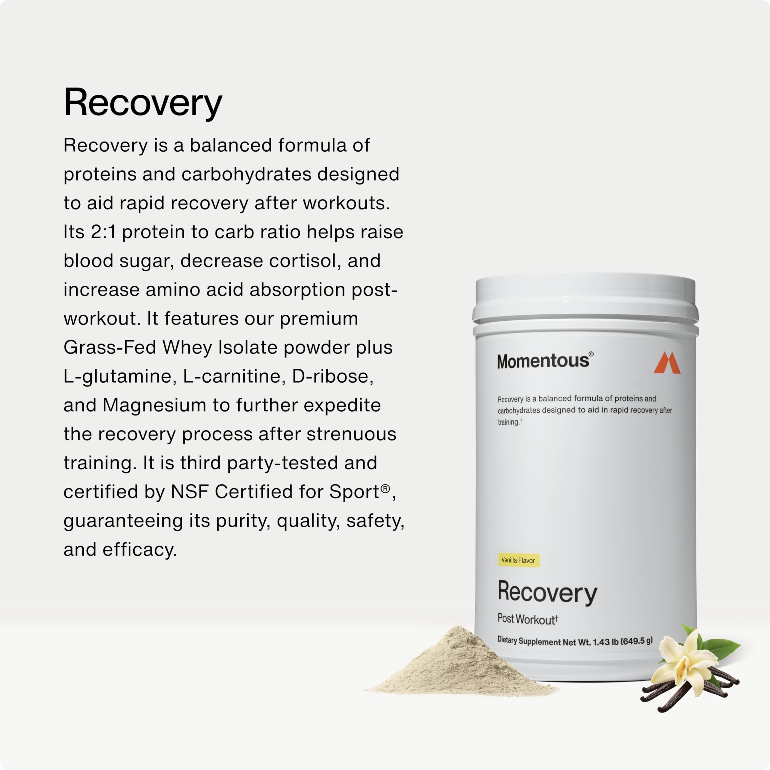 Momentous Recovery Grass-Fed Whey Protein Powder - 20g Post-Workout Whey Isolate Protein - NSF Certified, Gluten-Free, 15 Servings, Vanilla (Package May Vary)