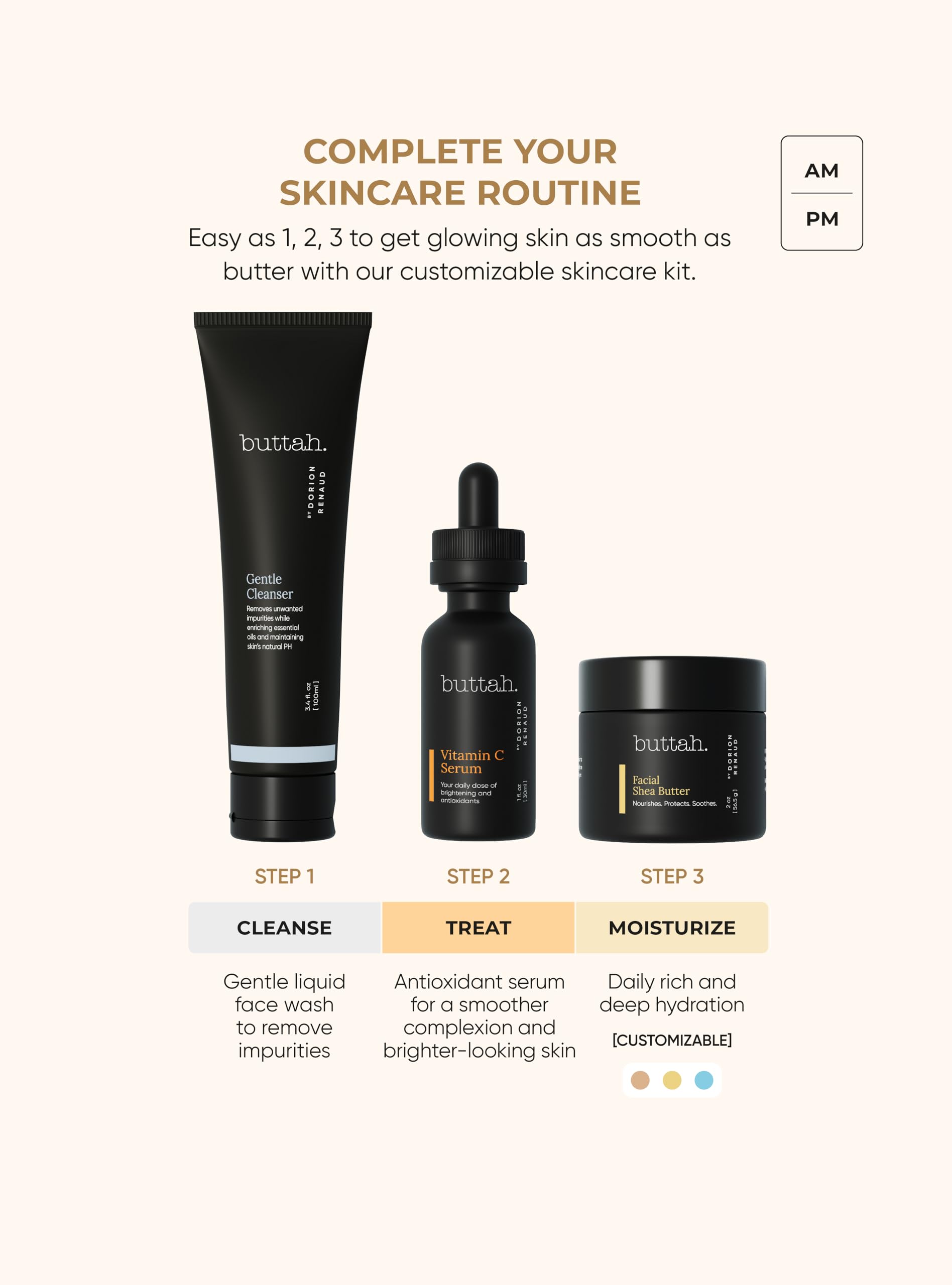 Buttah Skin by Dorion Renaud Complete Melanin-Rich Skin Care Kit | Shea Butter, Vitamin C Serum, Facial Cleanser | Organic & Natural | Black-Owned