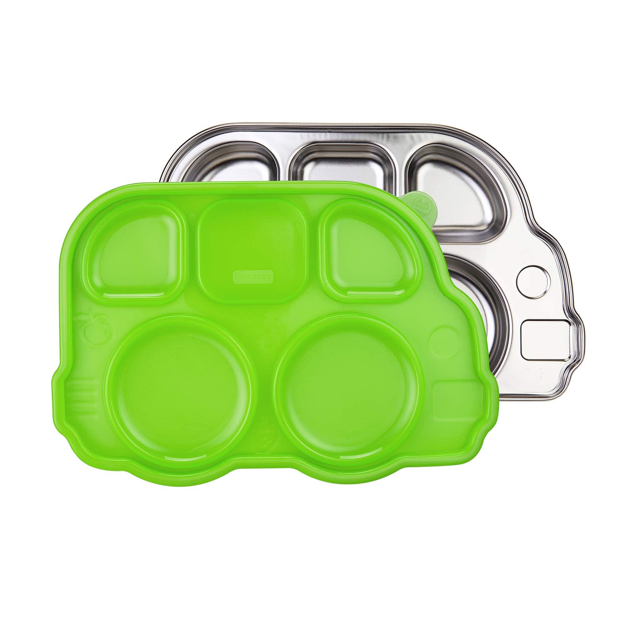 Innobaby Stainless Bus Plate with Airtight Sectional Lid, The Original, Leak-Resistant Divided Platter, Mom Invented Fun Shape Plate Din Din SMART for Babies, Toddlers and Kids, BPA Free Plate