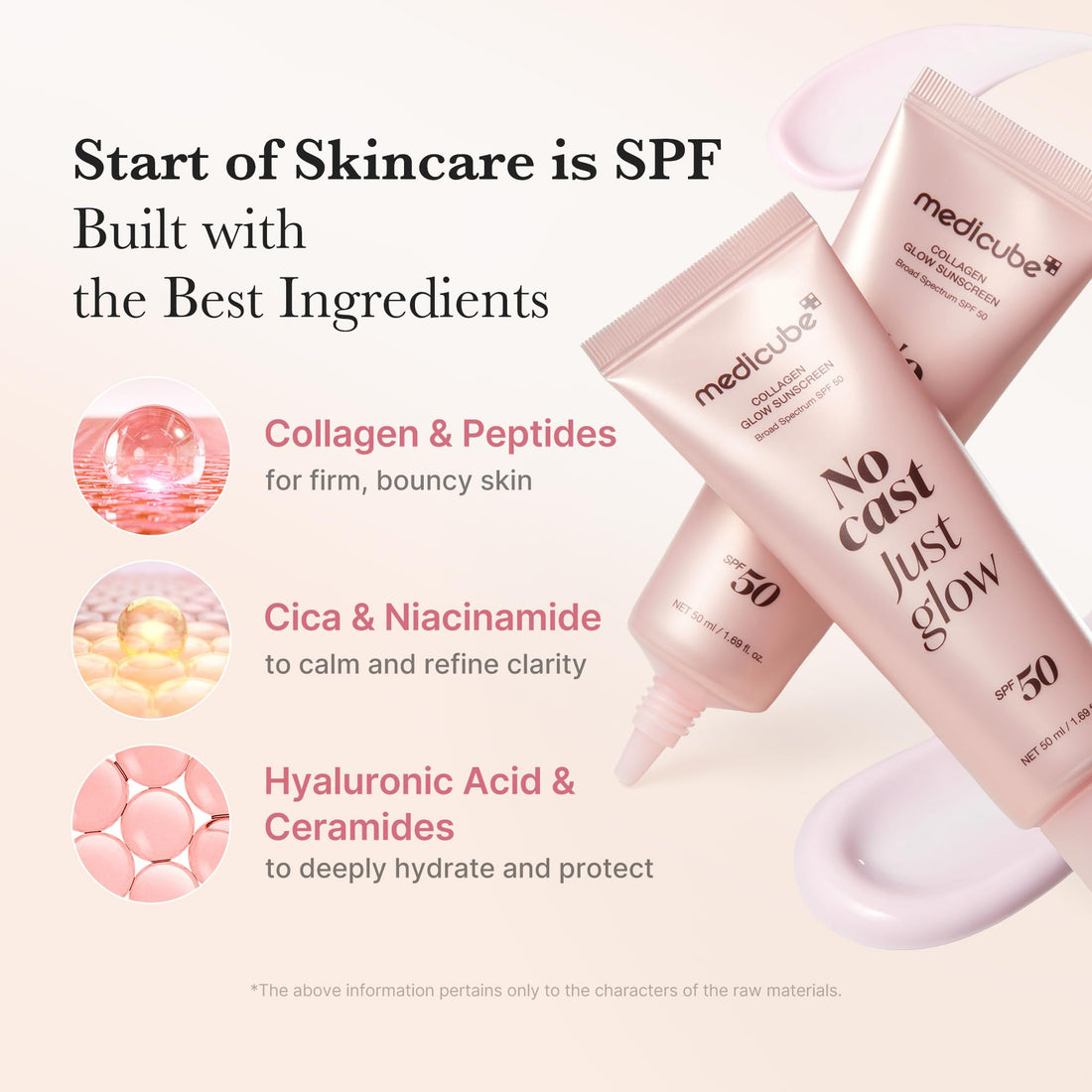 medicube No Cast Just Glow Collagen Sunscreen | SPF 50 Broad Spectrum Face Sunscreen | Lightweight, Non-Sticky, Hydrating Formula | No White Cast or Residue | Peptide, Cica for Soothing & Natural Glow