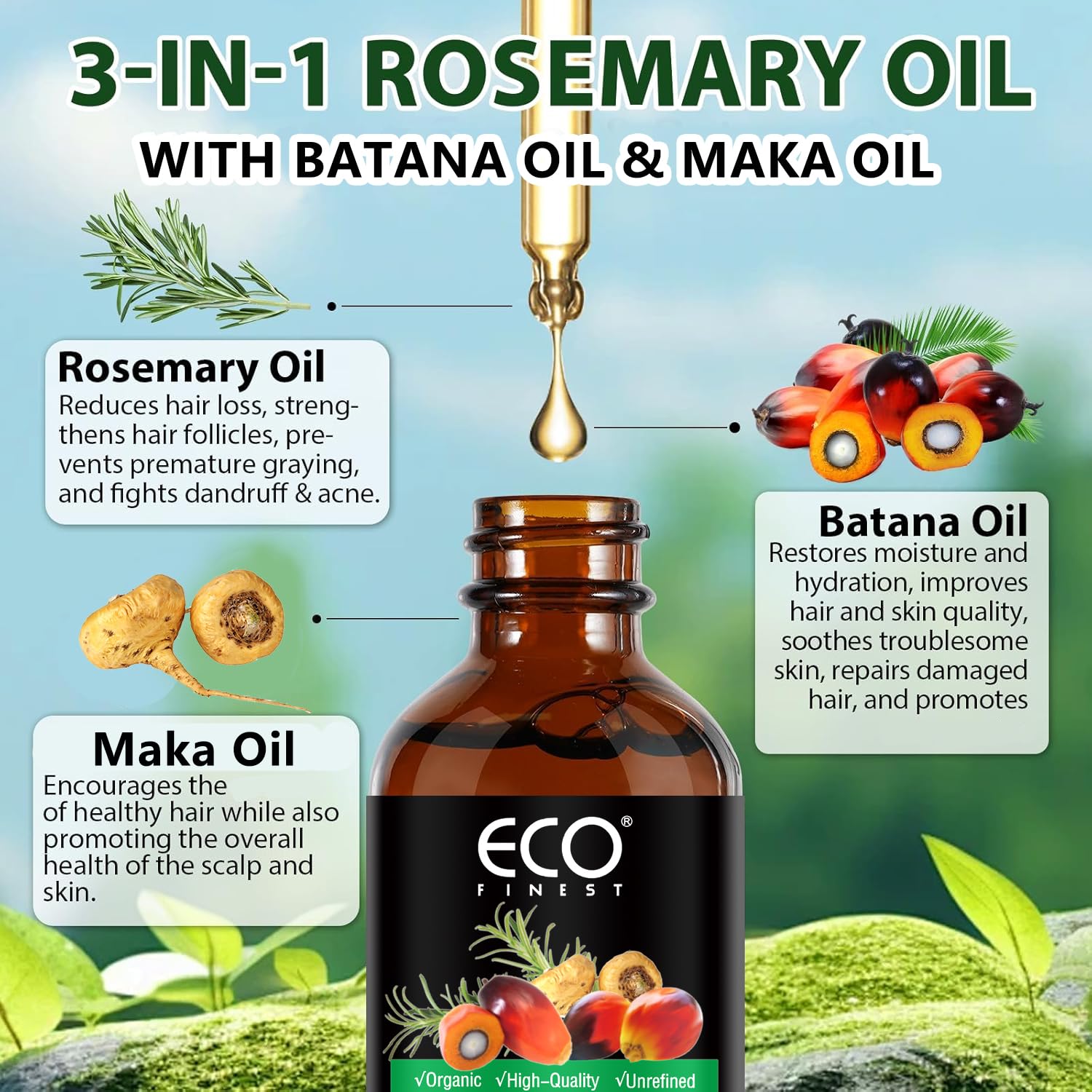 Organic Oil, 100% Pure and Natural - Premium Grade Oil for Hair Growth, Eyelashes and Eyebrows - Hair and Body Oil For Skin, Hair & Face - Rosemary and Batana Oil Natural Hair Care Oil
