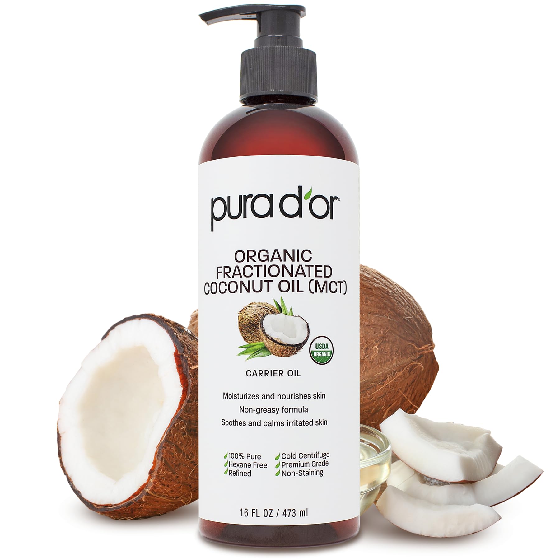 PURA Dâ€™OR Carrier Oil: Organic Fractionated Coconut Oil 16 oz - USDA Certified Organic 100% Pure & Natural Moisturizing Carrier Oil For Face, Skin, and Hair