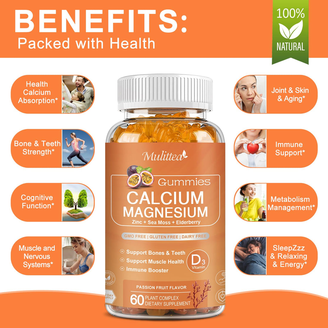 Calcium Gummies with D3,Zinc - Plant Complex Calcium Magnesium Supplement with Glycinate,Potassium,Vitamin C &Whole Natural Food for Bone & Immune Support- Chewable Gummy Sugar-Free -(1pack)