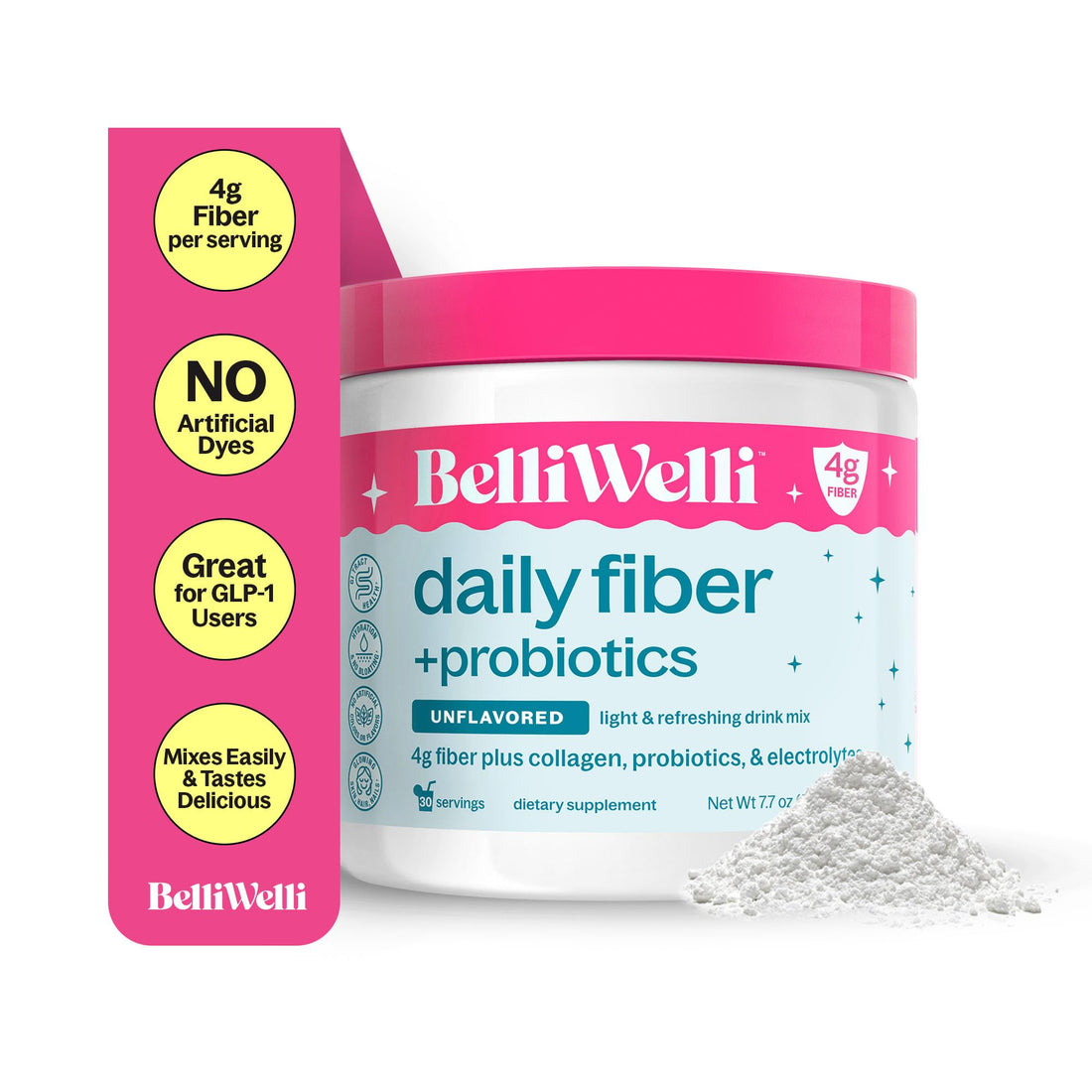Belli Welli Unflavored Daily Fiber Supplement Powder with Collagen, Probiotics & Electrolytes | Supports Digestive Health, Gut Balance & Debloating, Sugar Free | 30 Servings