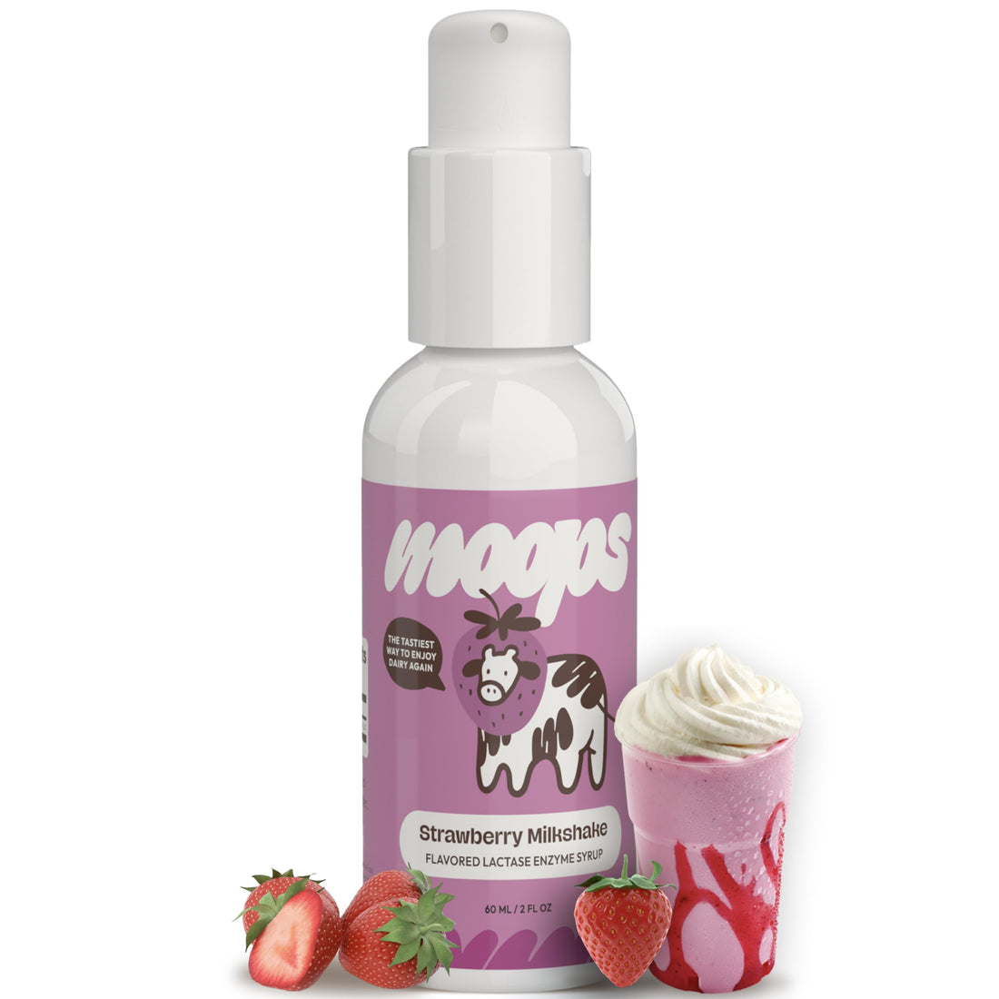 Moops Lactase Enzyme Drops 2oz – Delicious Strawberry Milkshake Flavor – 10,000 FCC Units for Fast Acting Dairy Relief – Customizable Dosing for Lactose Intolerance – Portable Twist-to-Lock Pump