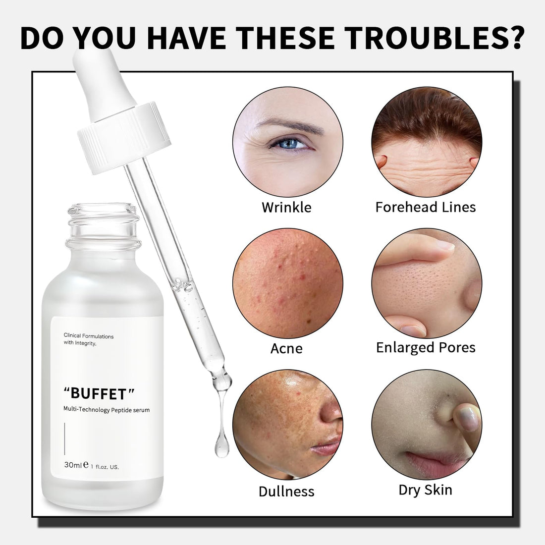 Buffet Peptides Serum for Face, 30ML Multi Peptide Facial Serum Reduces Wrinkles and Fine Lines, Peptide Serum with Hyaluronic Acid and Amino Acids for Hydration and Anti-Aging, For Women & Men