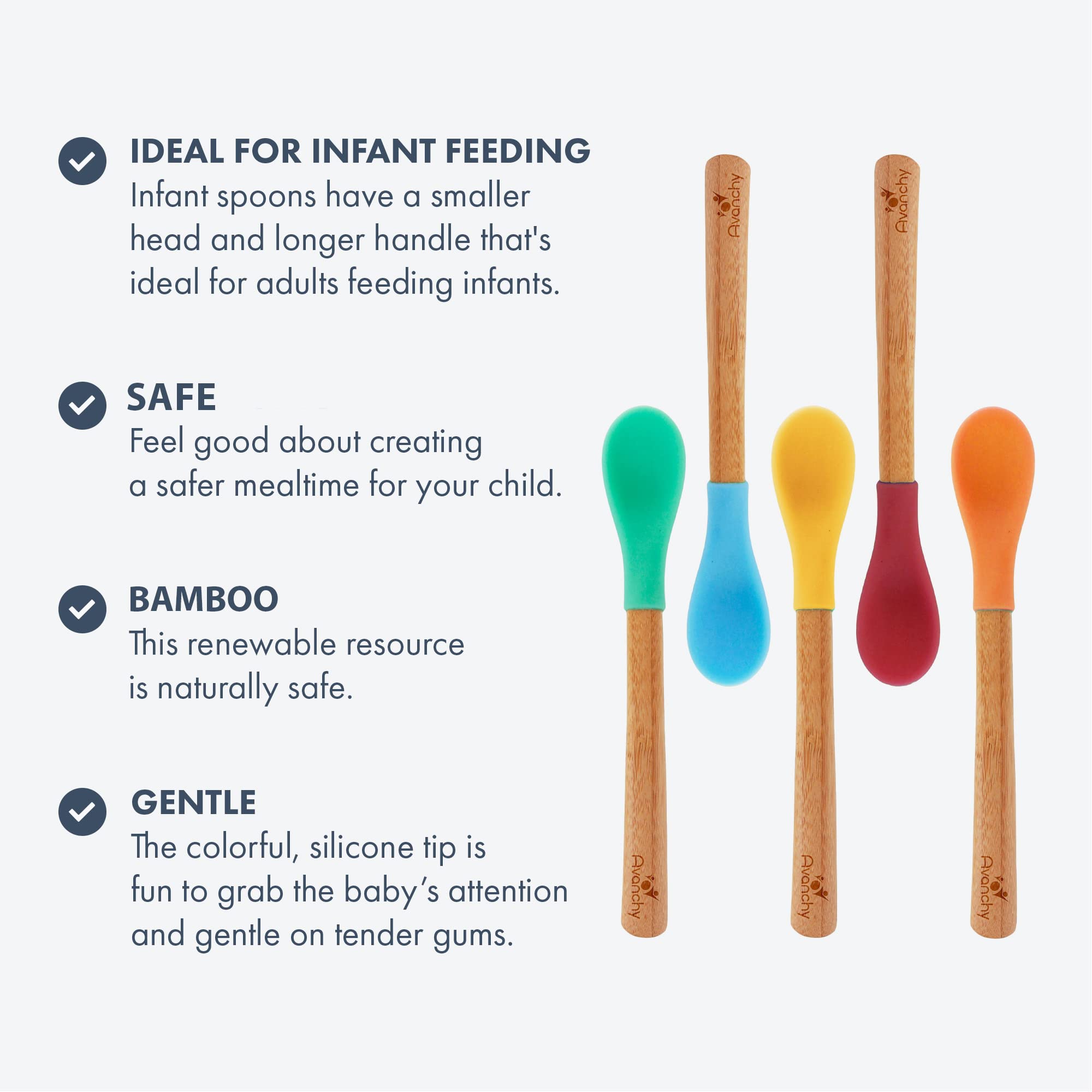 Avanchy Bamboo & Silicone Infant Training Spoons, BPA Free - Soft Tip, Easy on Gums, First Stage Feeding Utensils for Baby-Led Weaning, Self-Feeding, Green