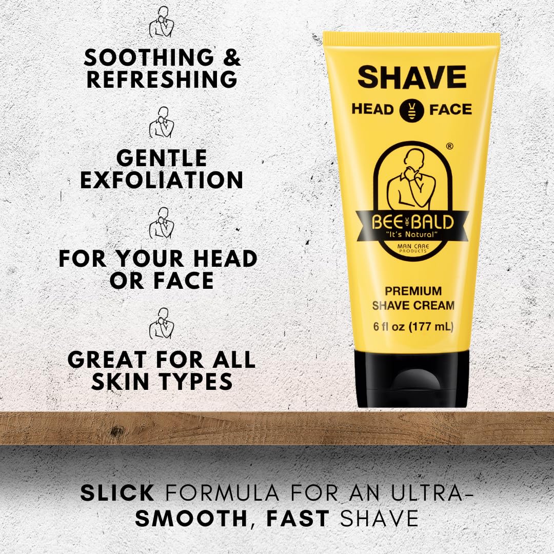 Bee Bald SHAVE Premium Shave Cream Goes On Light & Slick For A Shave That's Incredibly Smooth & Quick For Both Face And Head, 6 Fl Oz