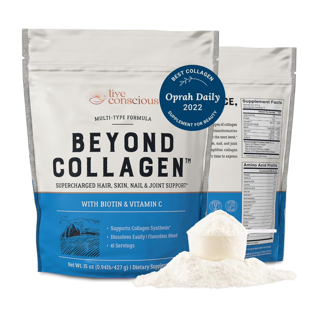 Live Conscious Beyond Collagen Multi Collagen Powder for Women w/Types I, II, III, V & X - Keto Friendly, Hydrolyzed Collagen Peptides Powder Blend w/Biotin & Vitamin C 41 Servings