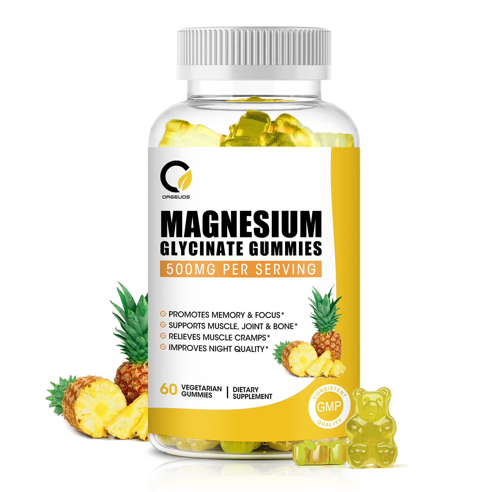 (1 Pack) Magnesium Glycinate Gummies, High-Absorption Magnesium Supplement with Calcium & Vitamins, Support Bone, Muscle, Night, Memory & Mood, Vegan, Non-GMO, 60 Counts, Pineapple Flavor
