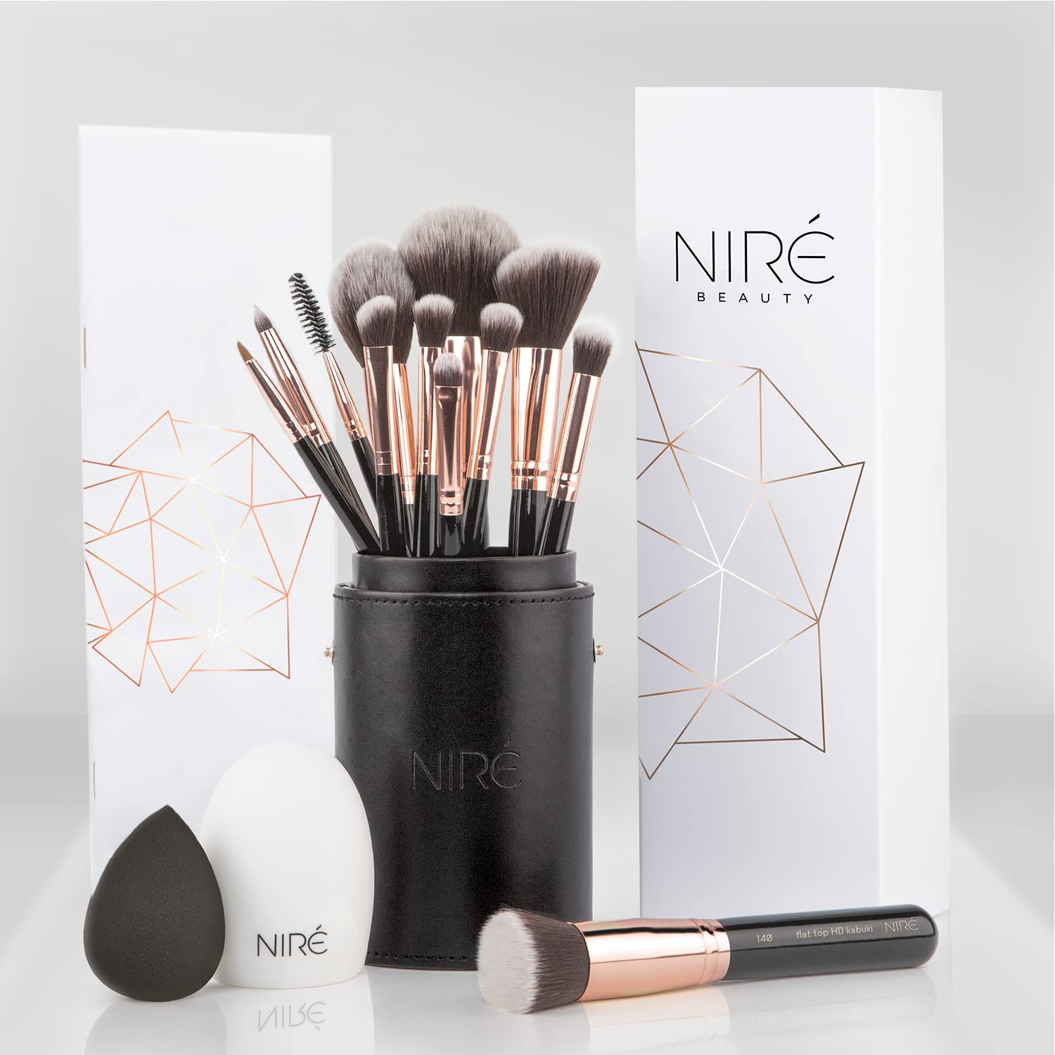 NirÃƒ© Beauty 15piece Award Winning Professional Makeup Brush Set: Makeup Brushes with Case, Beauty Blender, Brush Cleaner, Guide, Gift Box