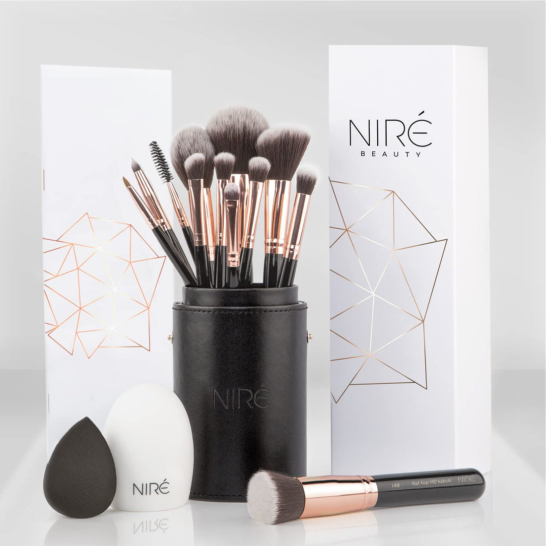 NirÃƒ© Beauty 15piece Award Winning Professional Makeup Brush Set: Makeup Brushes with Case, Beauty Blender, Brush Cleaner, Guide, Gift Box