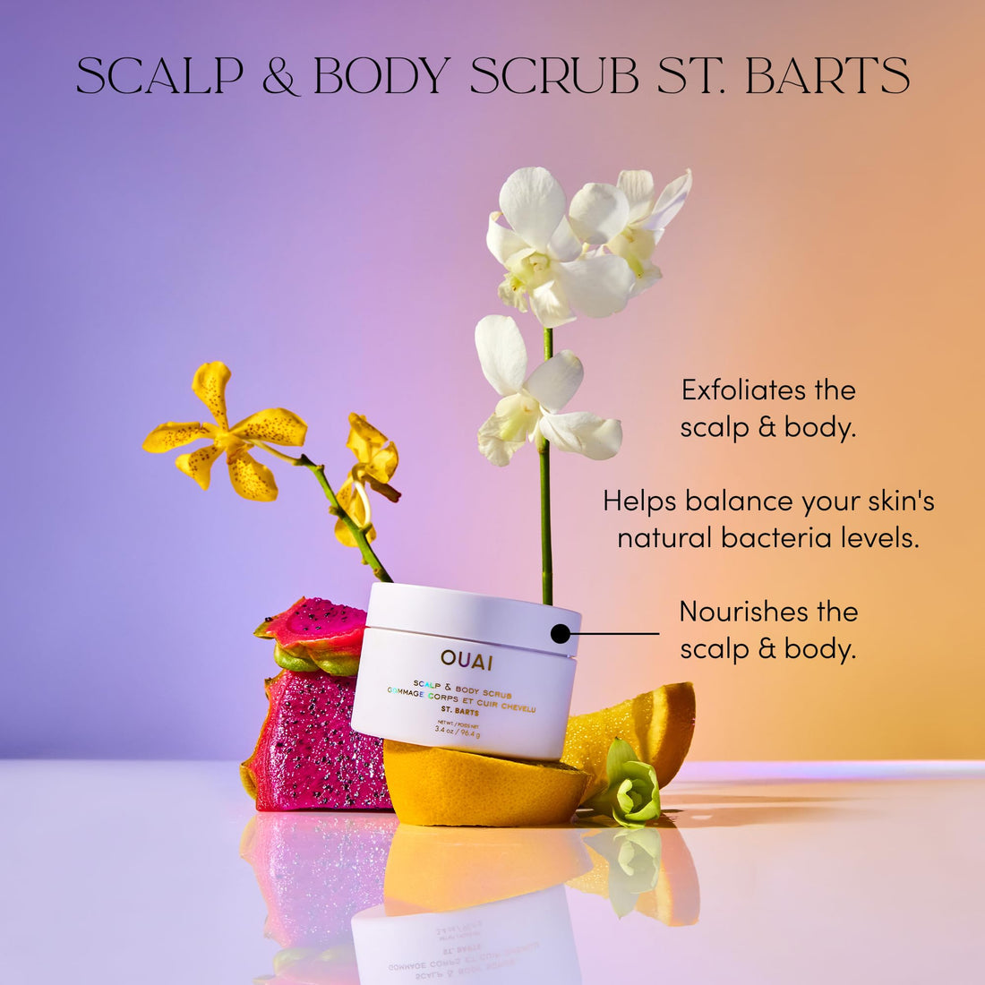 OUAI Scalp & Body Scrub, St. Barts Travel Size - Exfoliating Body Scrub with Sugar & Coconut Oil Blend for Smooth, Moisturized Skin - Gentle Scalp Scrub for Removing Product Build Up (3.4 oz)