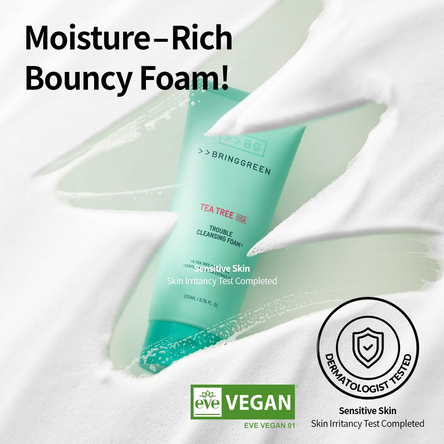 BRING GREEN Tea Tree Cica Trouble Cleansing Foam | Mild Cleanser for Exfoliation, Removes Blackheads, Whiteheads, Facial Residue, for Trouble, Irritated, Sensitive Skin (10.1 Fl. Oz., 300ml)