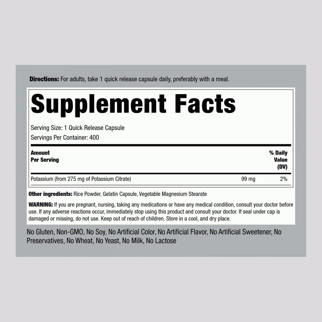 Piping Rock Potassium Citrate Supplement | 275 mg | 400 Capsules | Non-GMO, Gluten Free