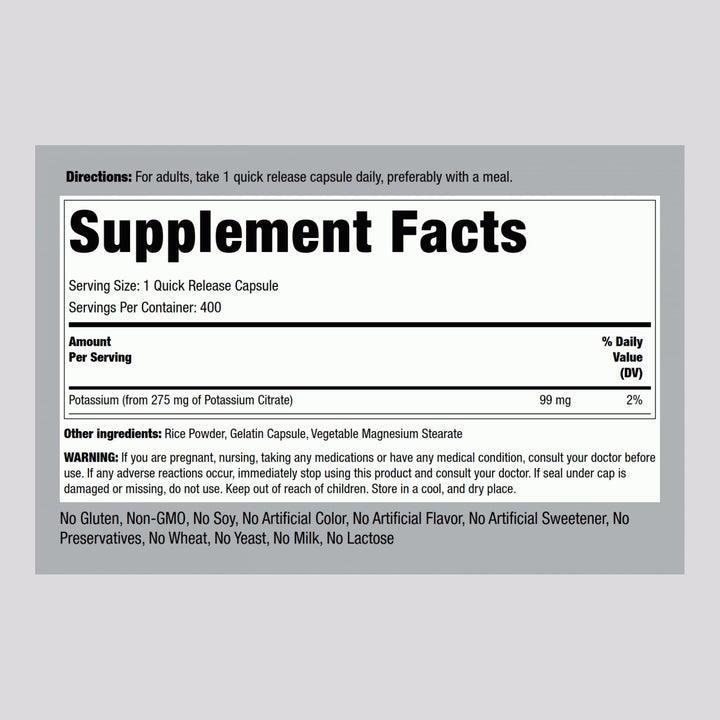 Piping Rock Potassium Citrate Supplement | 275 mg | 400 Capsules | Non-GMO, Gluten Free