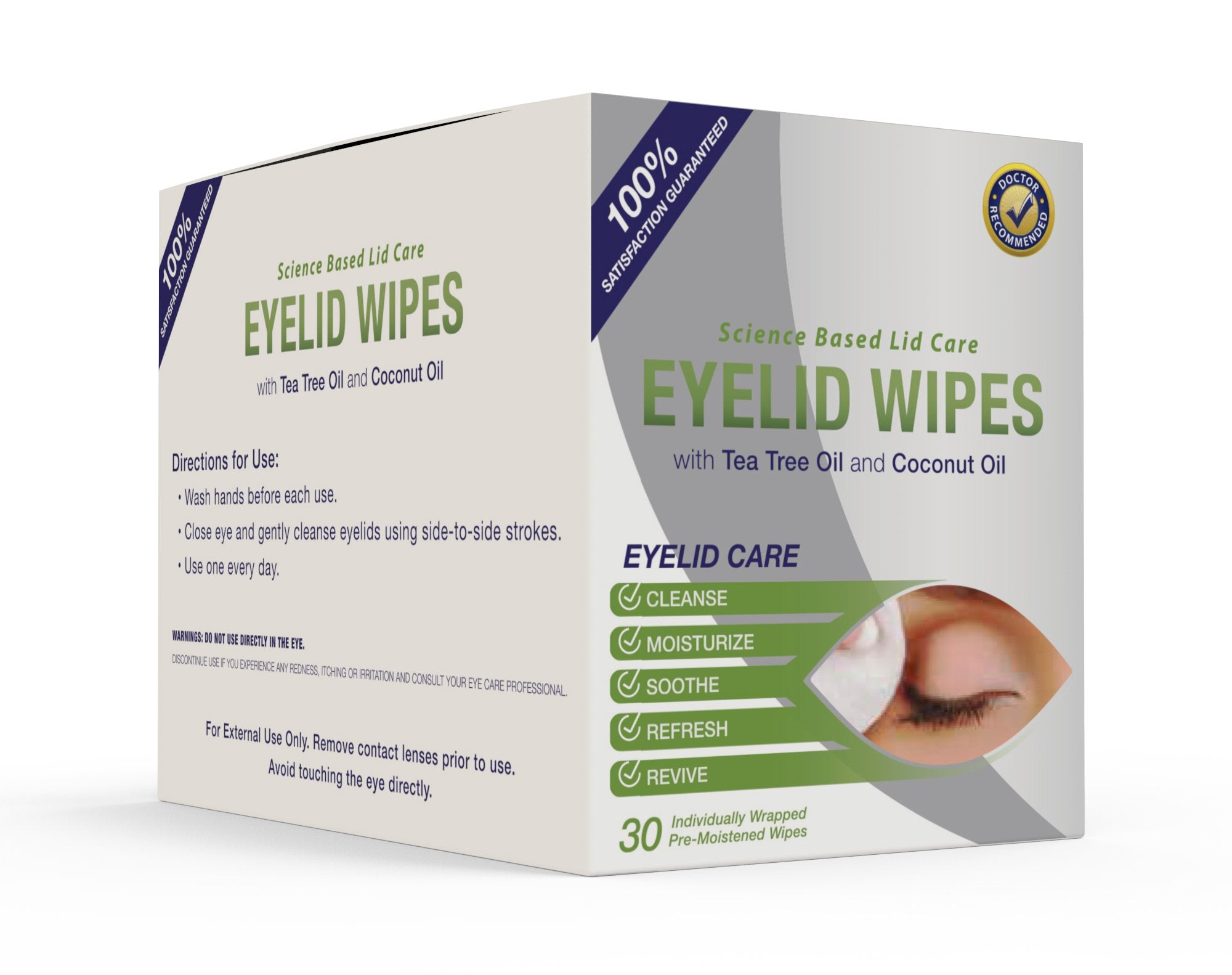 Eyelid Wipes With Tea Tree and Coconut Oil - Cleansing Eye Wipes for People Itchy Eyes - Box Of 30 Natural Eye Wipes