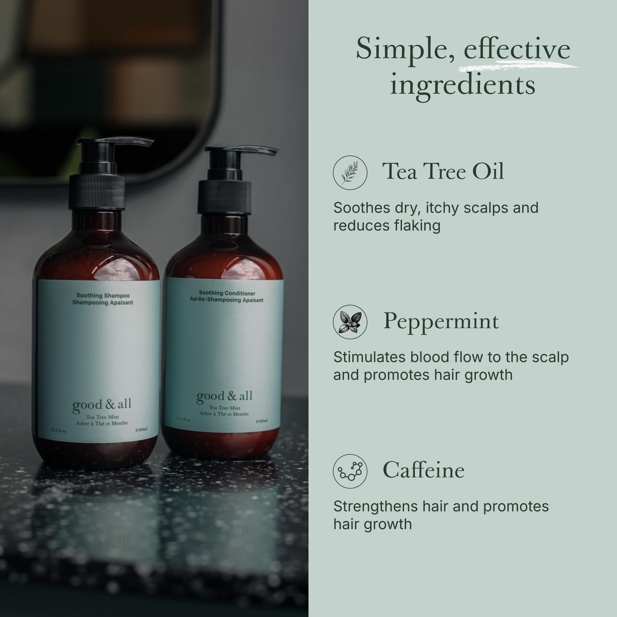 Good&All Tea Tree Shampoo and Conditioner Set for Dry Itchy Scalp with Peppermint - Sodium Lauryl Sulfate/Sulphate, Silicone, Paraben, Fragrance Free - 13.5 fl oz