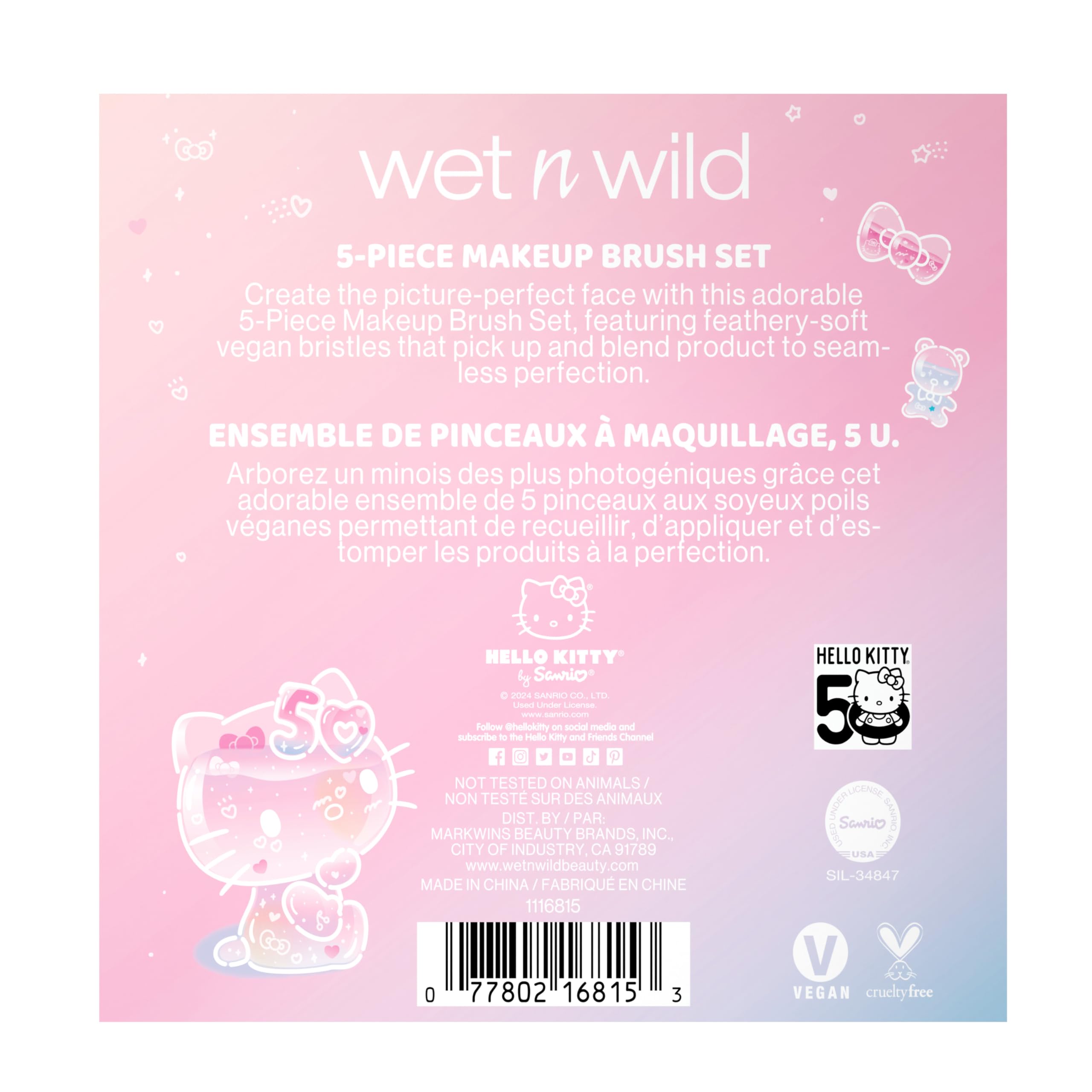 wet n wild Hello Kitty 5-Piece Makeup Brush Set, Buildable & Blendable Multifunctional Seamless Application, Cruelty-Free & Vegan Feathery Soft Bristles