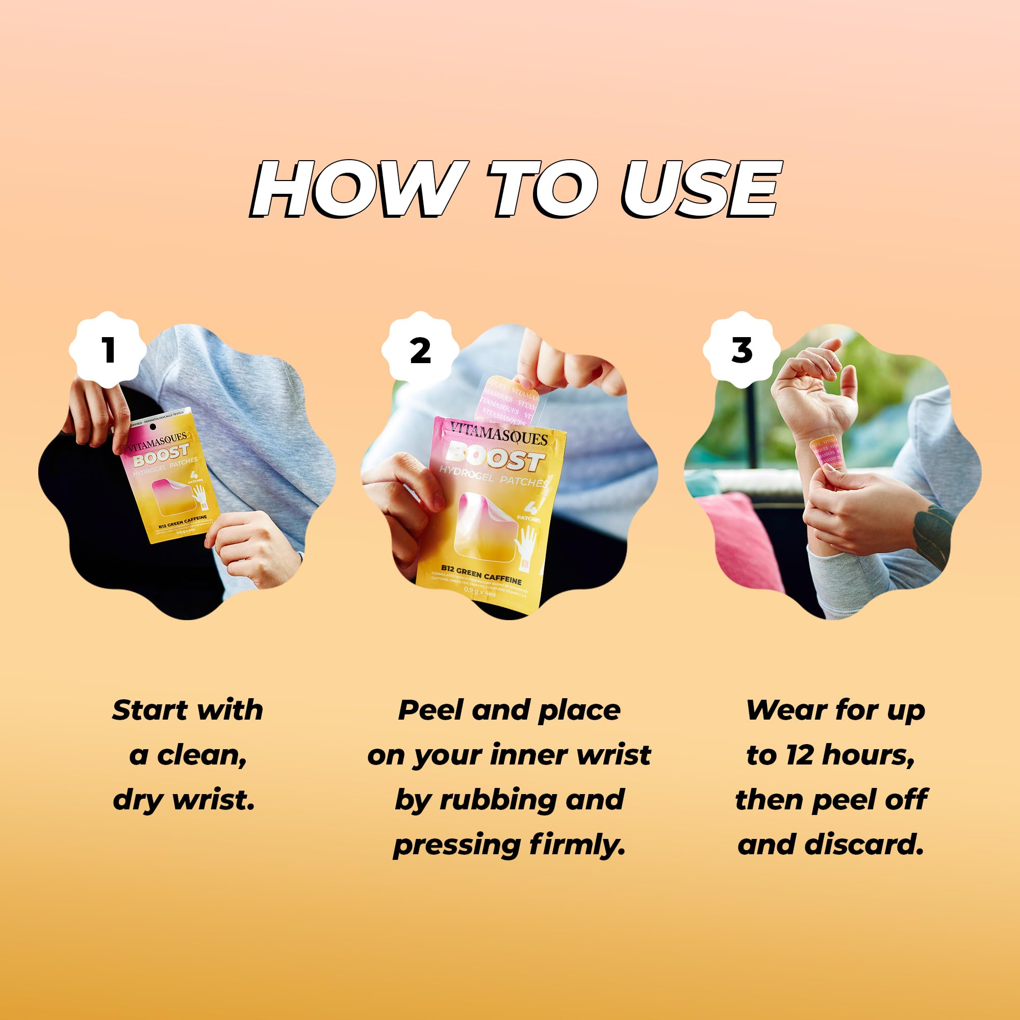 Vitamasques Energy Patches, Boostme Wellness Hydrogel Pads (3-Pack) - B12 Vitamin Patches for Women & Men, Energy and Focus for Adults - Cruelty-Free, Gluten-Free, & Filler-Free Caffeine Gel Pads