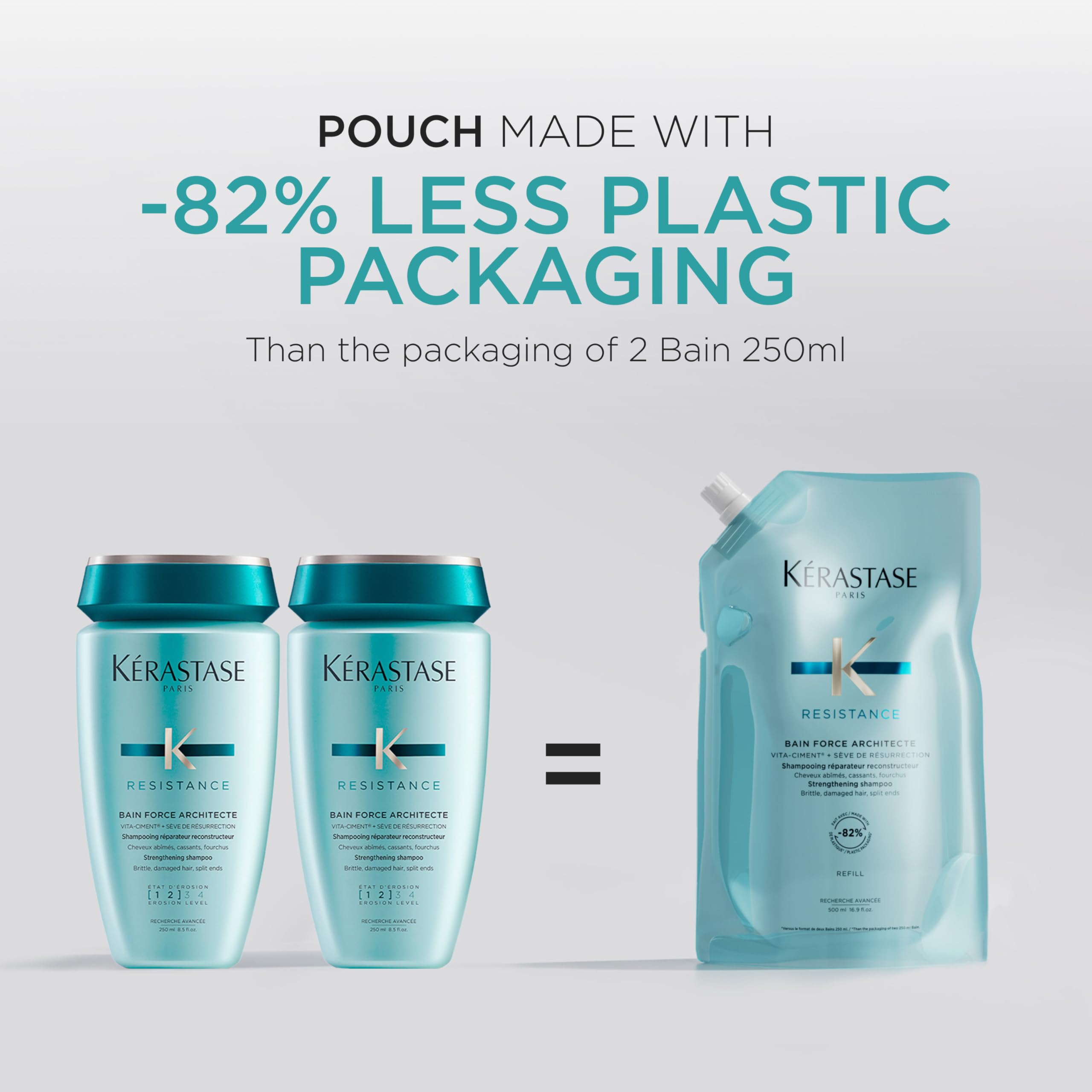 Kerastase Resistance Shampoo Force Architecte Refill Pouch - Revives Brittle Hair, Strengthens & Prevents Breakage, For Damaged Hair, 500ml