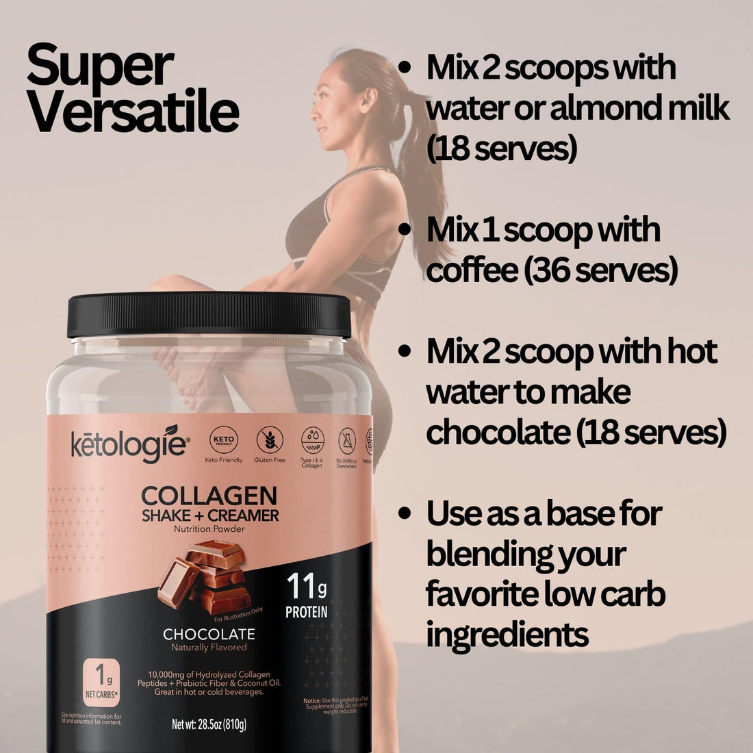 Ketologie Keto Collagen Shake (Chocolate) - with Coconut Oil, Prebiotics, Grass-Fed Hydrolyzed Collagen Peptides Type I & III, Low Carb, Gluten Free, 1.78lbs.