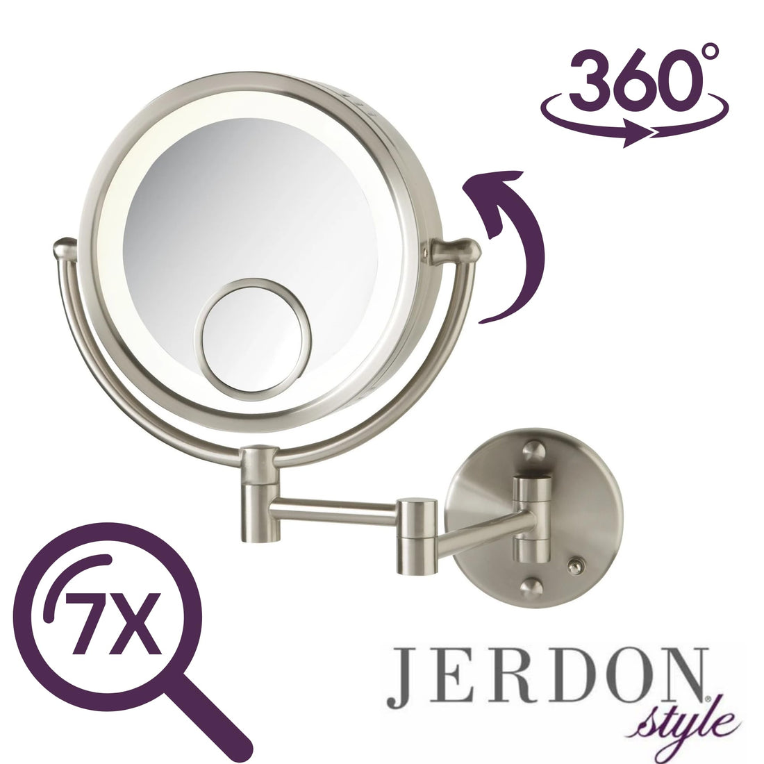 Jerdon HL8515N 8.5-Inch Lighted Wall Mount Makeup Mirror with 7x and 15x Magnification, Nickel Finish