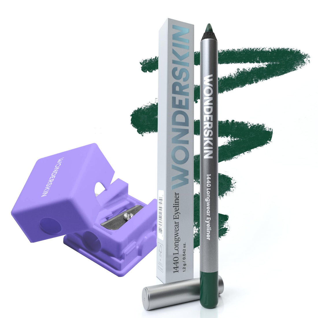 Wonderskin 1440 Longwear Green Eyeliner Pencil with Sharpener - Waterproof, Sharpenable Eyeliner Pencil & Smudge Proof Green Eye Liner Pencils (Pine)