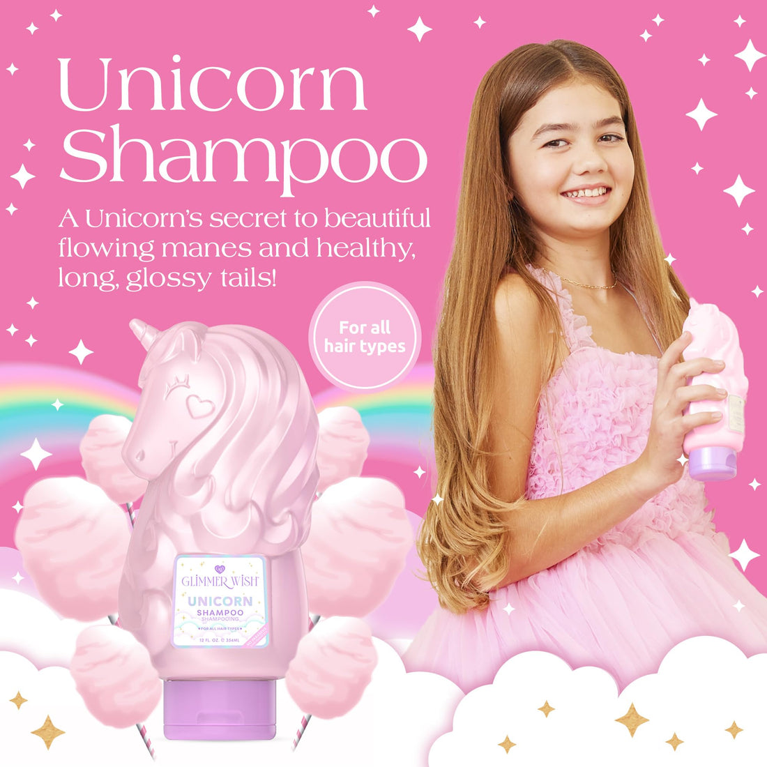 Glimmer Wish Unicorn Kids Shampoo, Paraben and Sulfate Free Shampoo for Soft and Manageable Hair, Kids Hair Care, Cotton Candy Scent, 12 Fl Oz