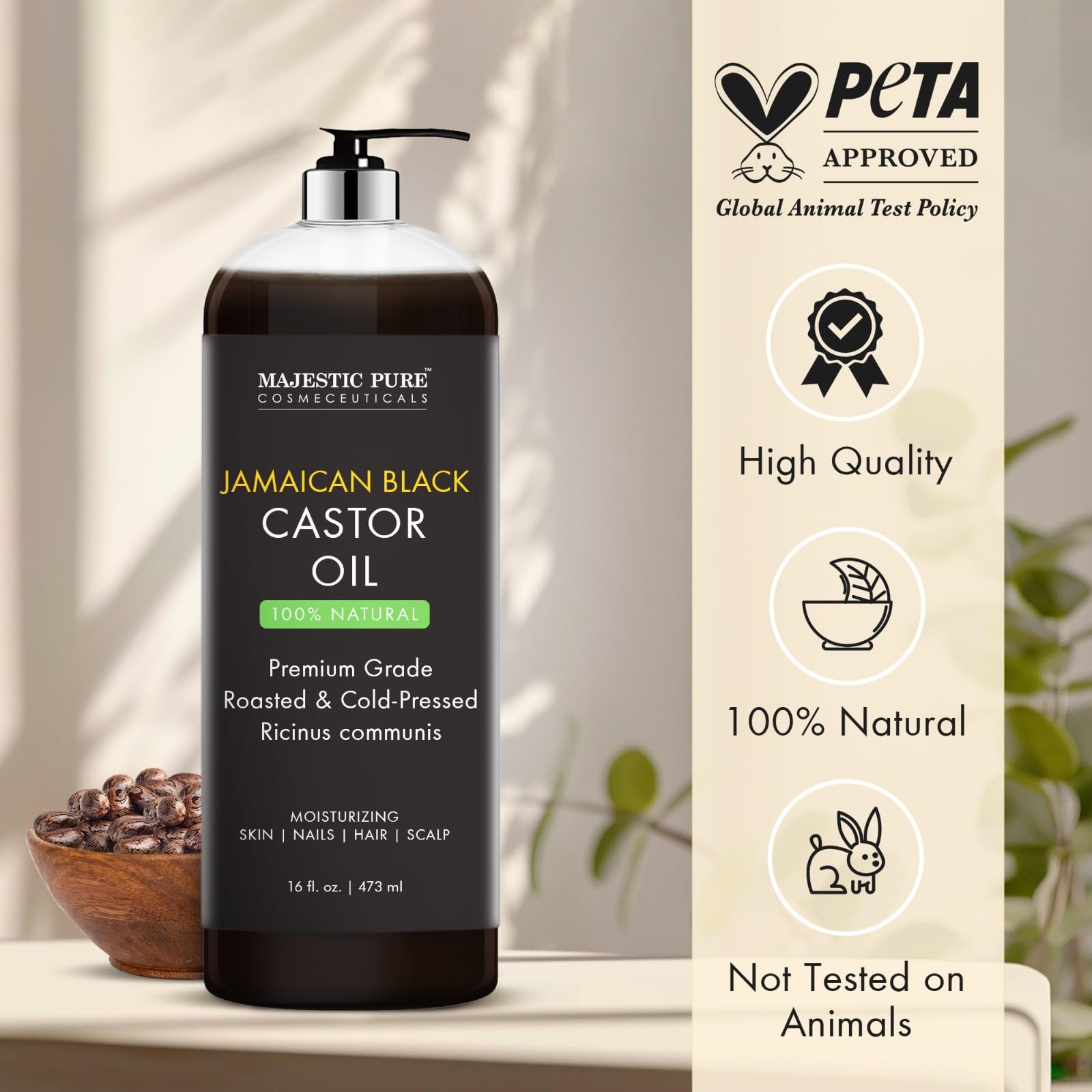 MAJESTIC PURE Pure Jamaican Black Castor Oil for Hair Care, Strengthening, Nourishing, and Volumizing Formula - Non GMO Verified, 16 Fl Oz