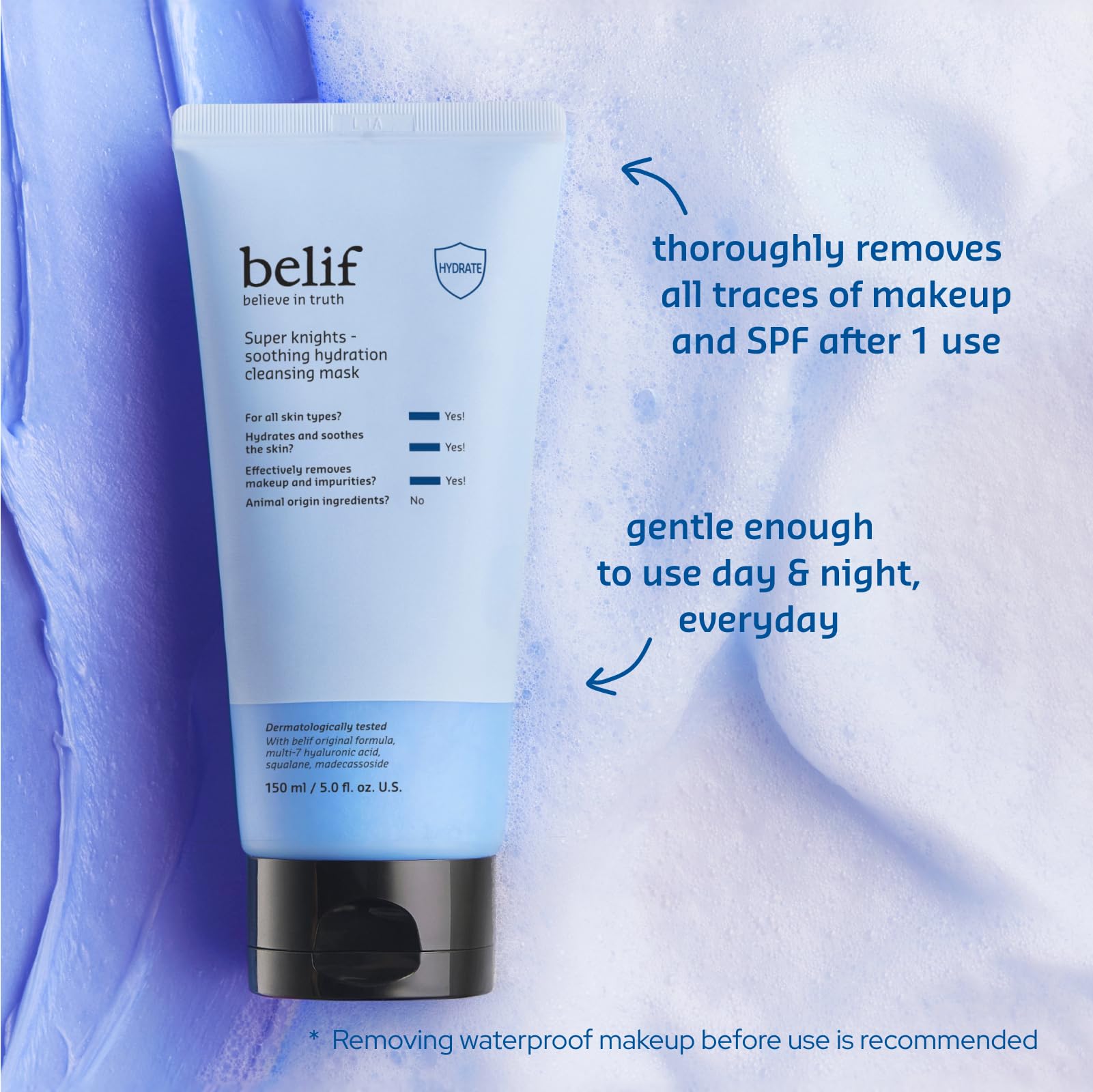 belif Super Knights - Soothing Hydration Cleansing Mask, 3-in-1 Facial Mask & Cleanser with Hyaluronic Acid, Squalane, Madecassoside | For Dry and Sensitive Skin | Korean Skincare (5.0 fl. oz)