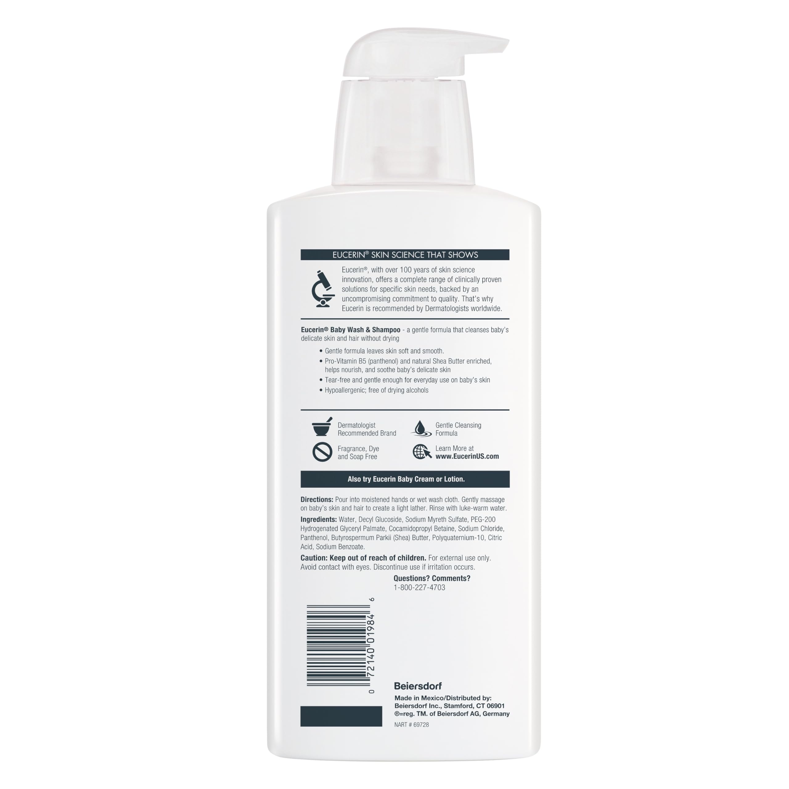 Eucerin Baby Unscented Baby Shampoo and Body Wash, Hypoallergenic, Tear Free Shampoo and Wash with Pro-Vitamin B5 and Shea Butter, 13.5 Fl Oz Bottle 3 pack