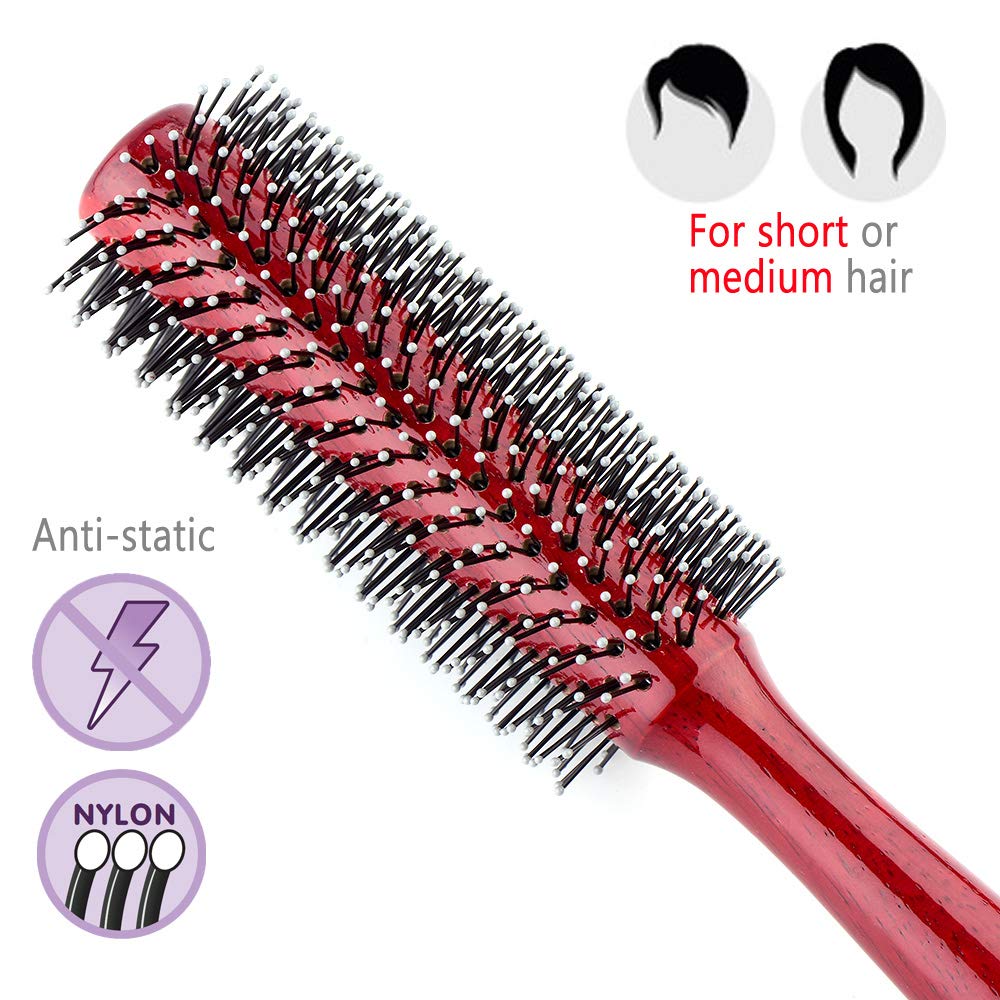 Small Round Hair Brush for Blow Drying with Soft Nylon Bristles, 1.6 Inch, for Short or Medium Curly Hair-Red