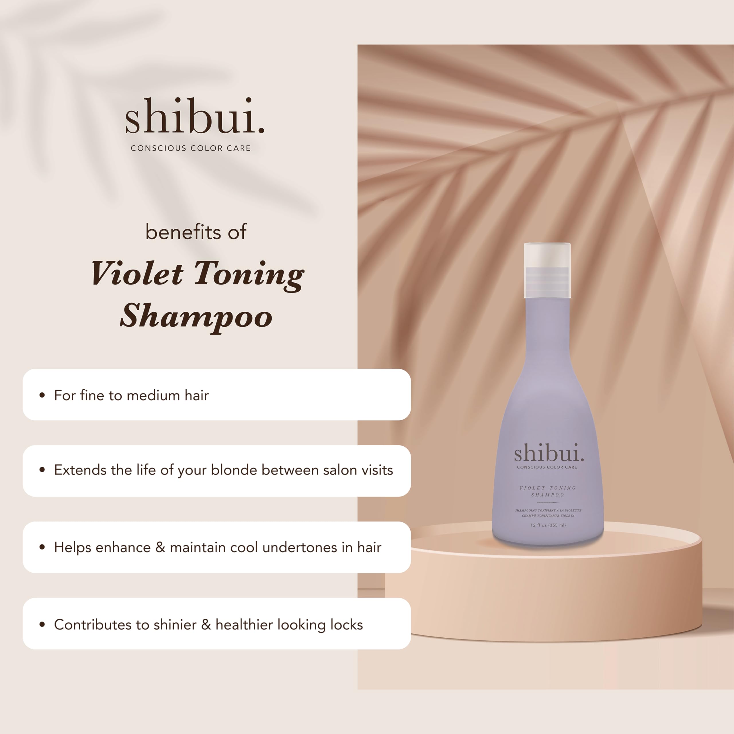 SHIBUI Violet Toning Shampoo, Neutralizes Brassiness with Acai Oil & Hibiscus, for Blonde, Highlighted, & Silver Hair, 12 Fl Oz