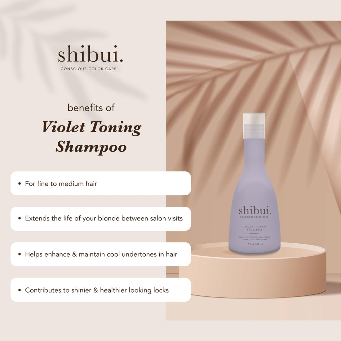 SHIBUI Violet Toning Shampoo, Neutralizes Brassiness with Acai Oil & Hibiscus, for Blonde, Highlighted, & Silver Hair, 12 Fl Oz