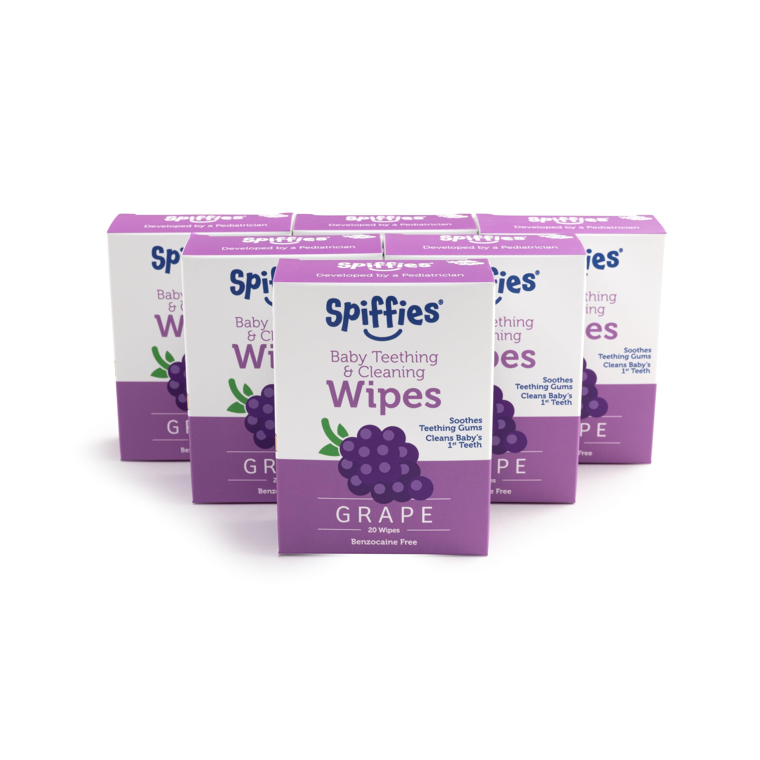 Spiffies Baby Teeth Wipes - Grape Flavor, Xylitol-Enriched Baby Gum Cleaner & Dental Wipes for Teething Relief and Teeth Cleaning - Safe for Infants & Toddlers, 20 Count (Pack of 6)