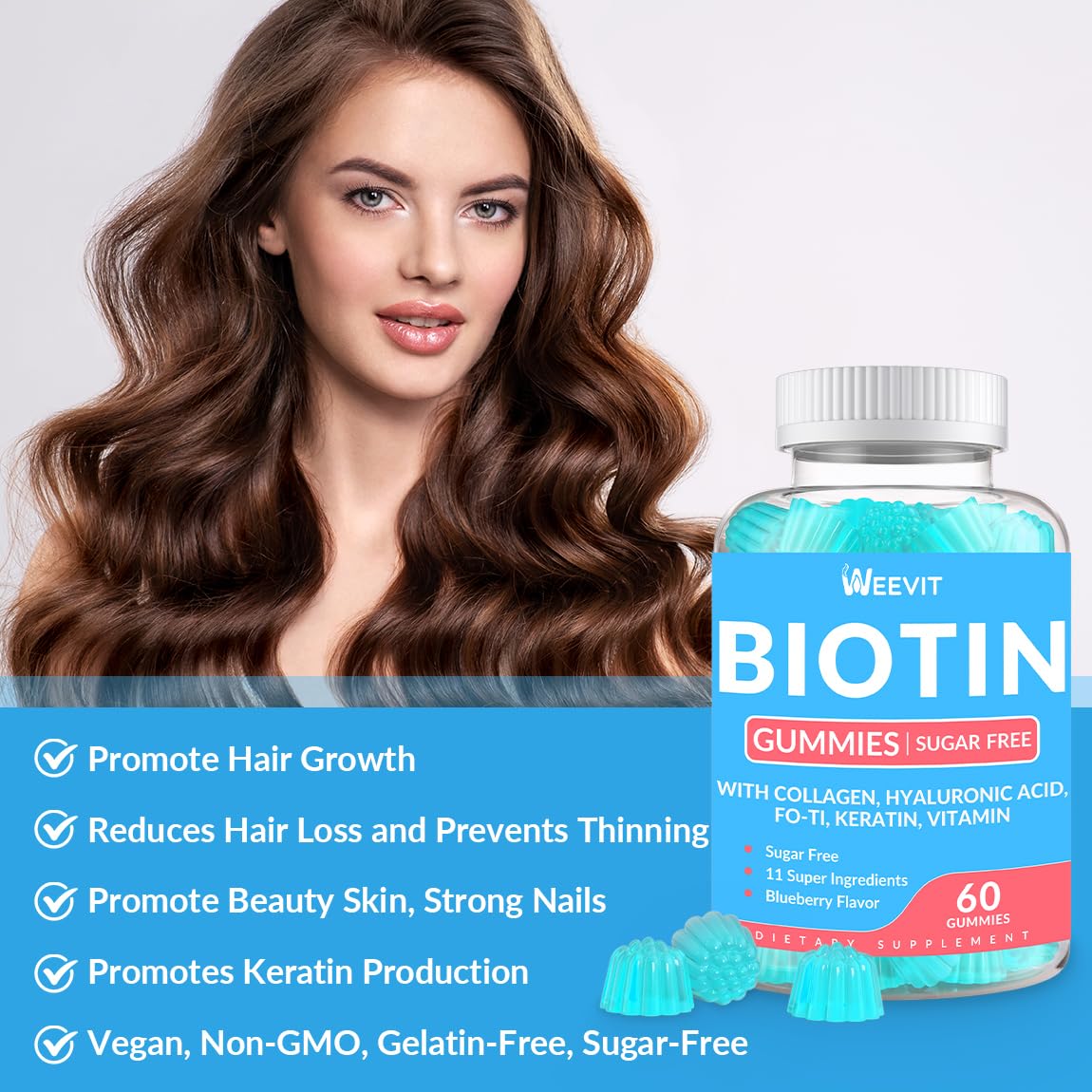 WEEVIT Sugar-Free Biotin Gummies, Biotin and Collagen Gummies with Keratin, Hyaluronic Acid for Hair Growth, Vitamin B7 Supplement Biotin Chewables for Women Men