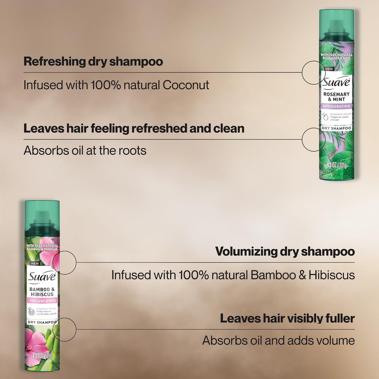 Suave Dry Shampoo Spray Variety 2-Pack – Volumizing Bamboo & Hibiscus, Refreshing Sweet Coconut, 4.3 Oz Ea