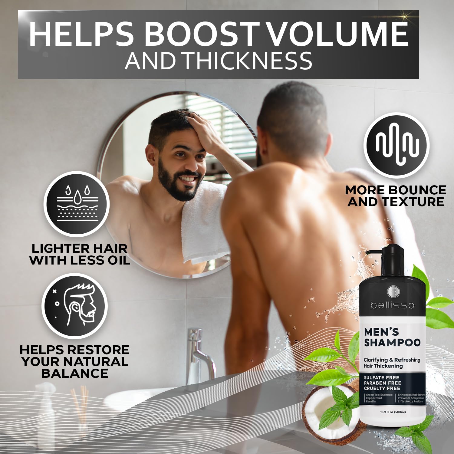Shampoo for Men - Tea Tree Oil and Peppermint - Sulfate Free, Paraben Free - Clarifying, Refreshing, Volumizing & Moisturizing Hair Thickening Formula - Ideal for Oily Hair, Dry Scalps and Build Up