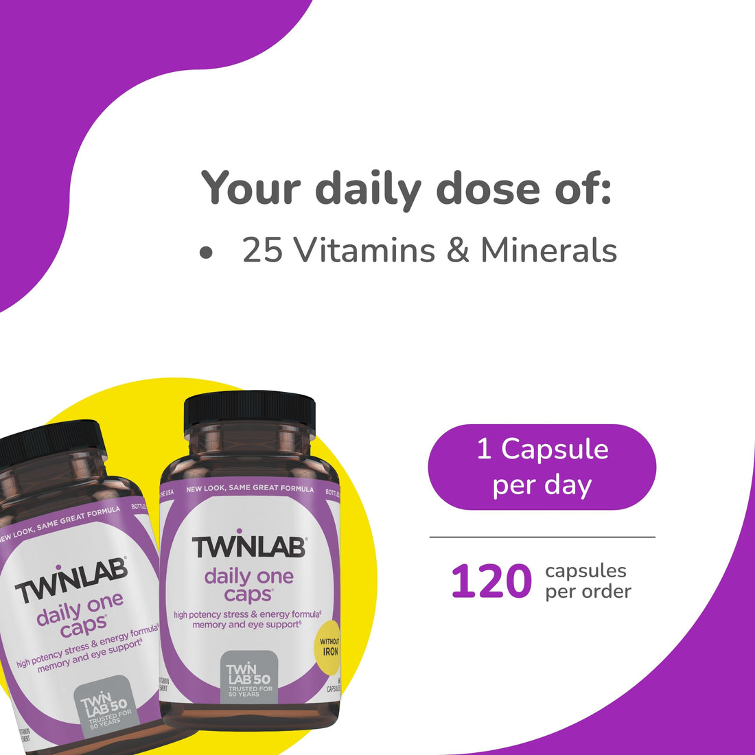 Twinlab Daily One Caps Without Iron - Nutritional Supplement with Zinc, B Vitamins, Magnesium, and More - 60 Capsules - 2 Pack